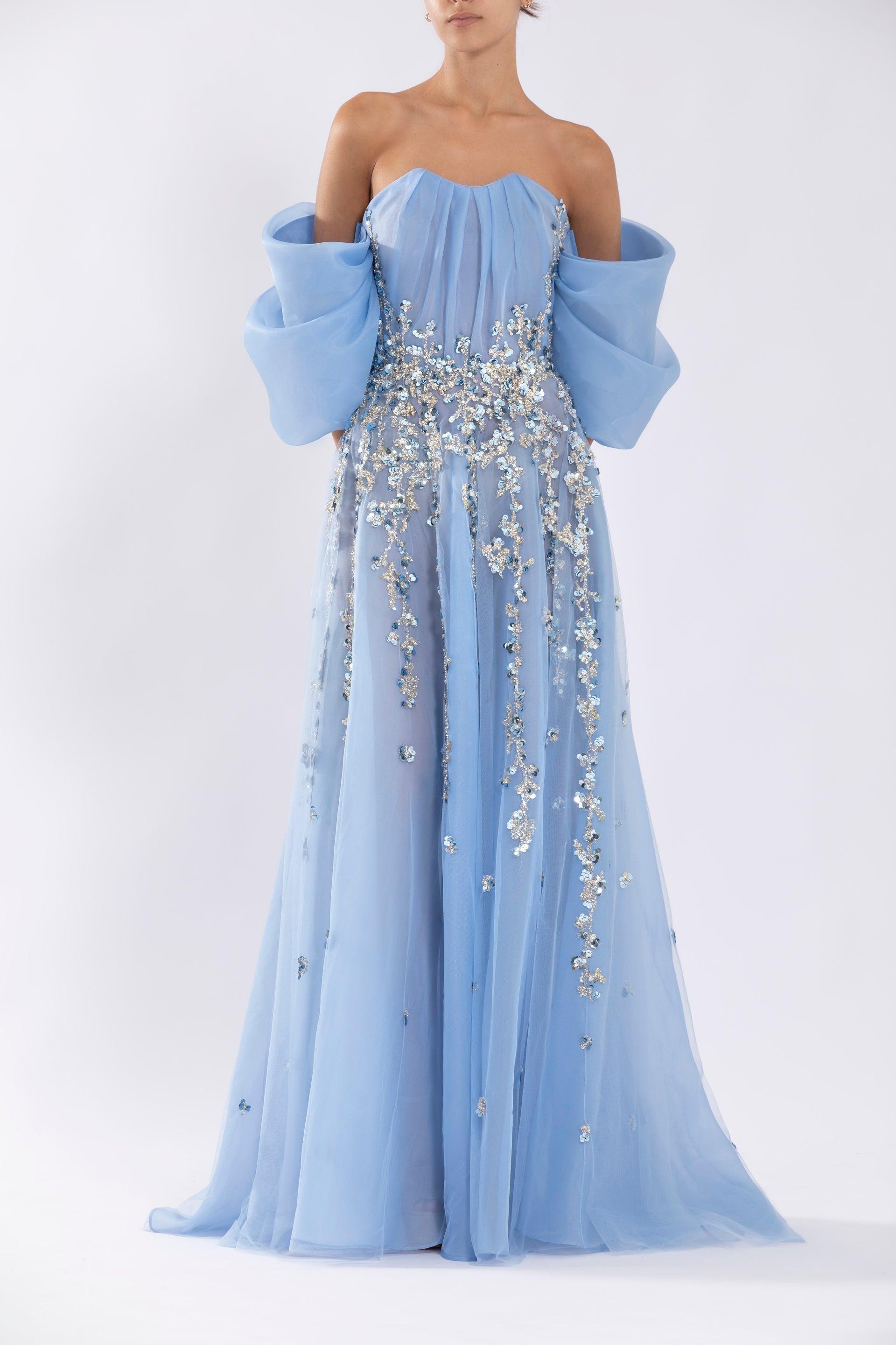 Organza Dress With Dotted Beading And Pleated Off-Shoulder Sleeves