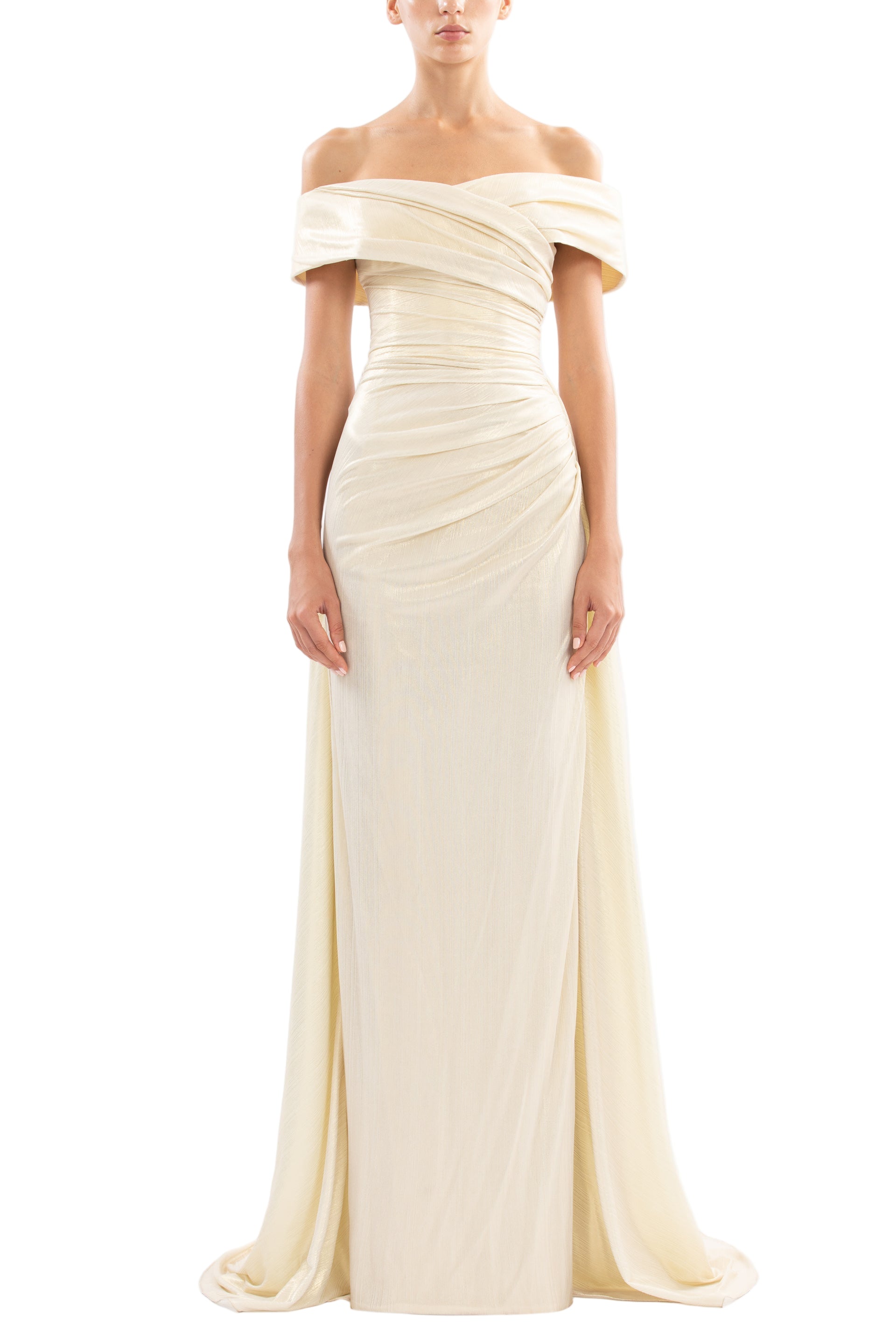 GOLD LAME OFF-SHOULDER DRESS