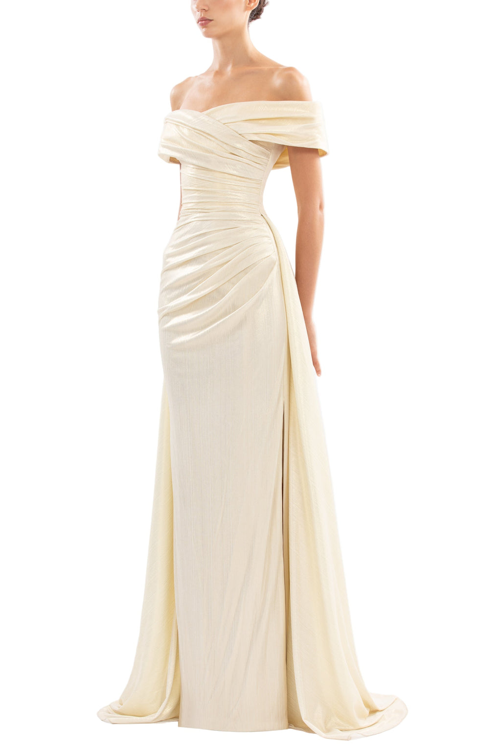 GOLD LAME OFF-SHOULDER DRESS