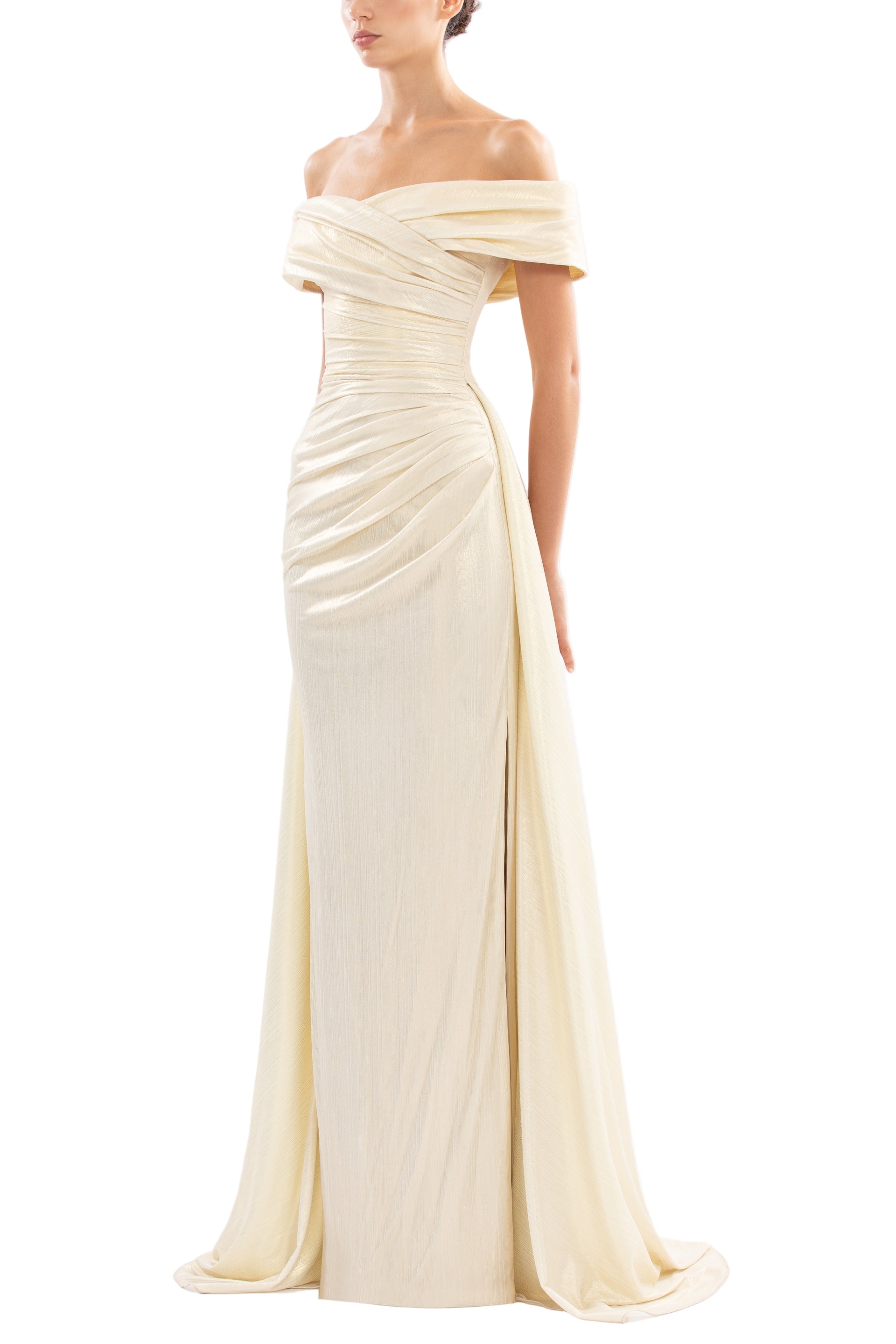 GOLD LAME OFF-SHOULDER DRESS