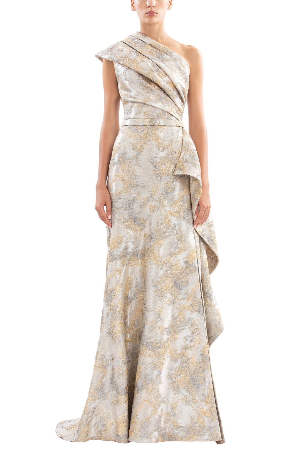 ONE -SHOULDER BROCADE DRESS