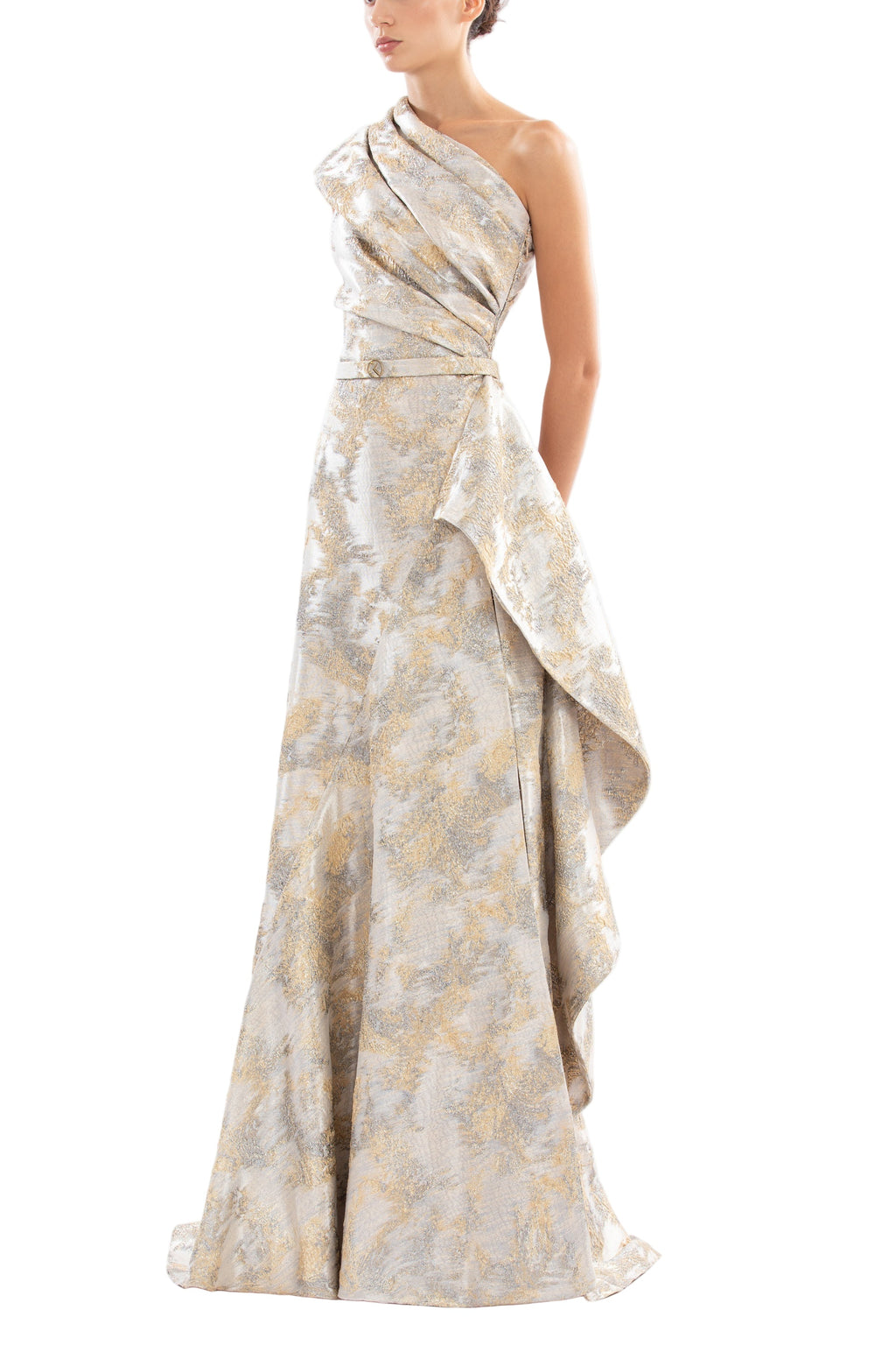 ONE -SHOULDER BROCADE DRESS