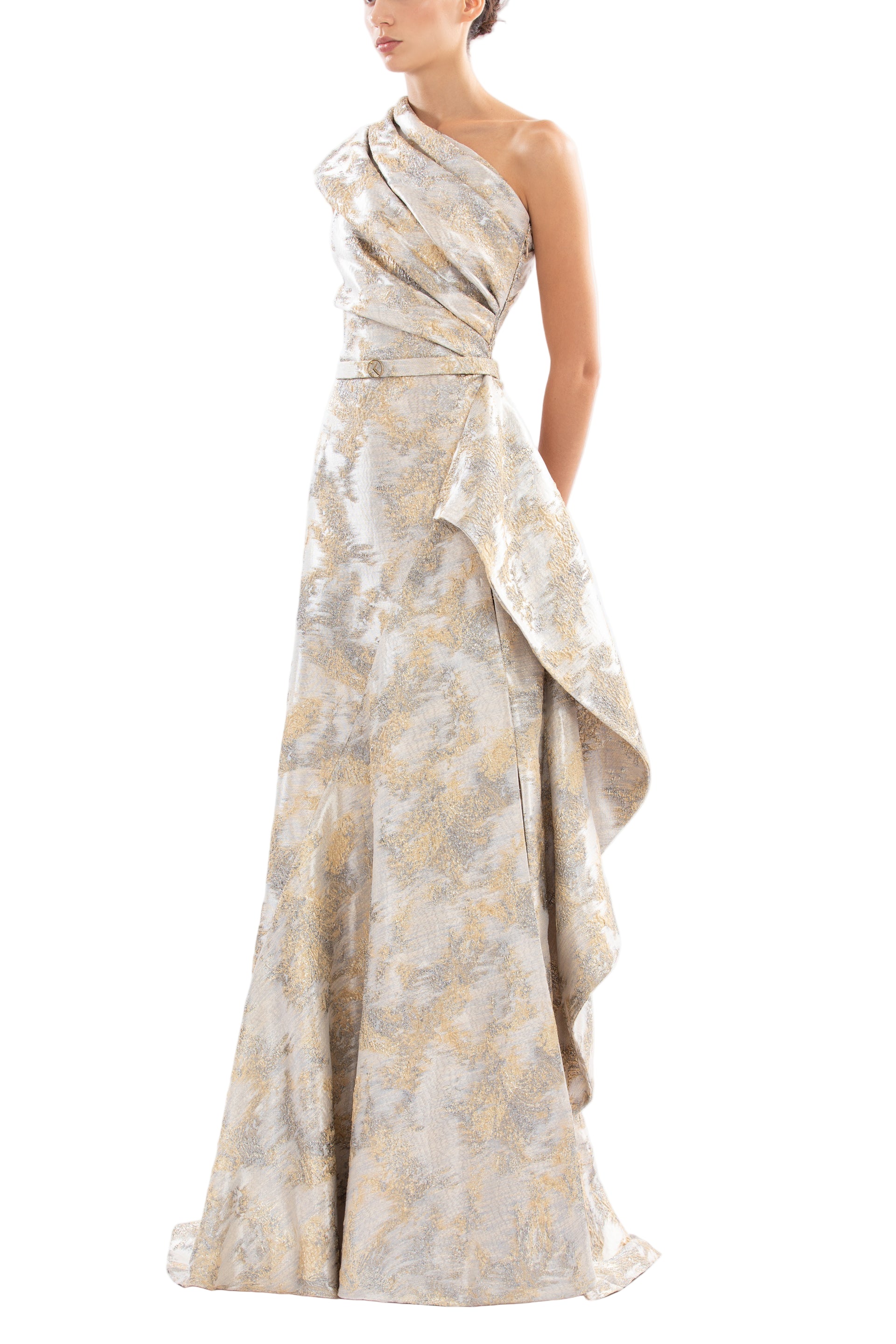 ONE -SHOULDER BROCADE DRESS