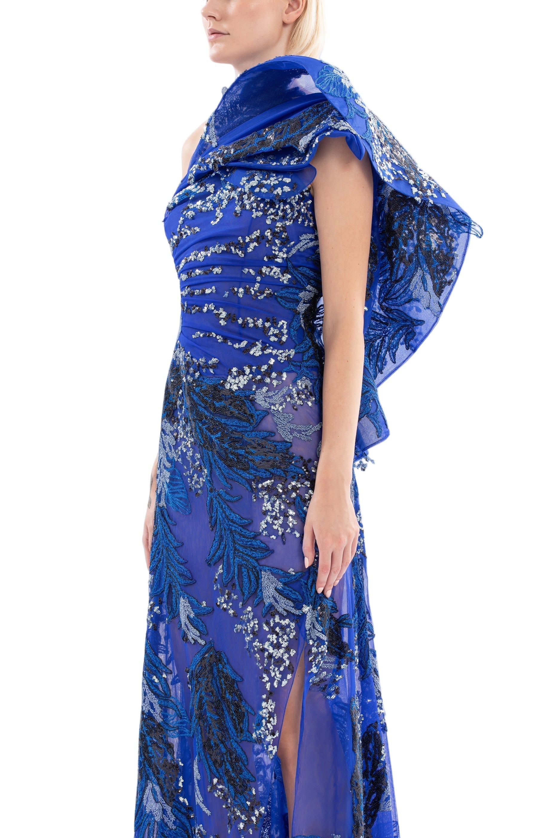 ONE-SHOULDER EMBROIDERED LONG DRESS