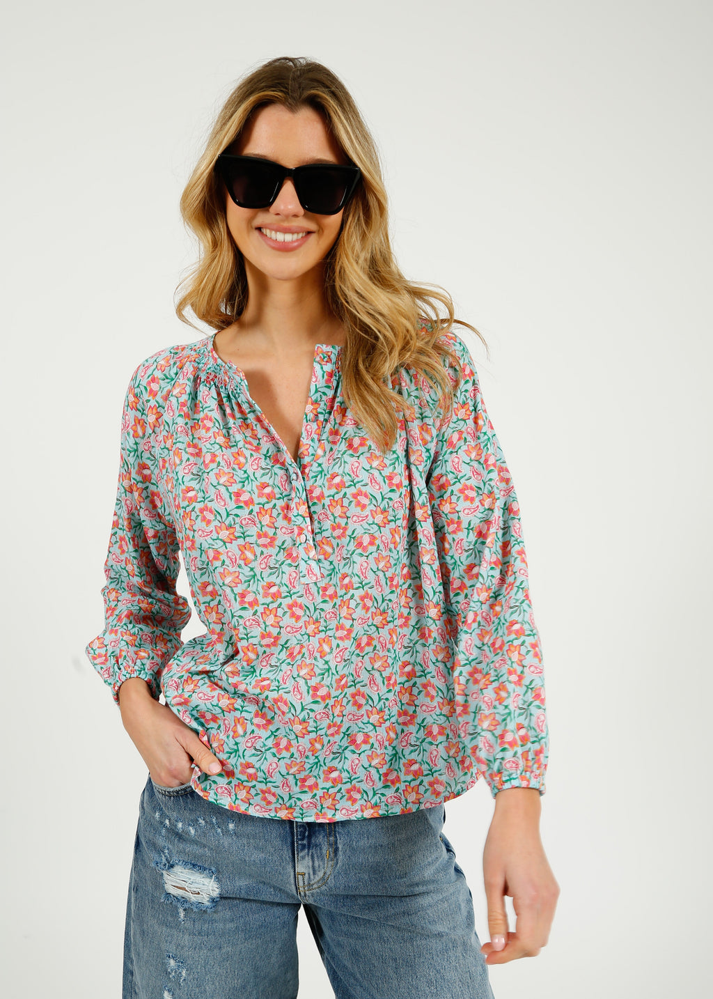Primrose Park Jess Blouse in Block Print Pale Blue