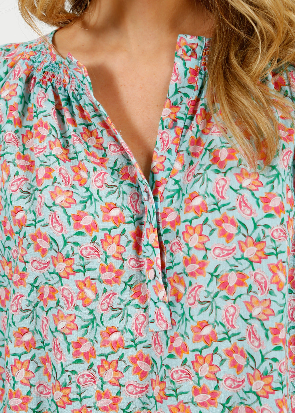 Primrose Park Jess Blouse in Block Print Pale Blue
