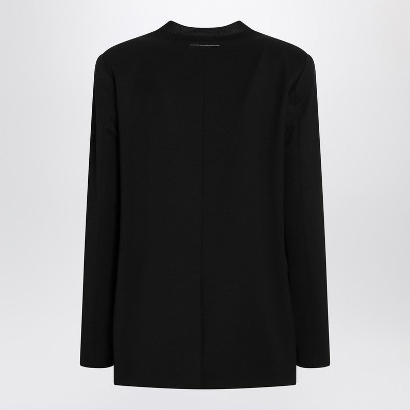 Black collarless single-breasted blazer