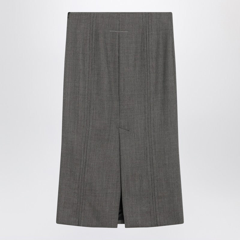 Brown and beige patterned wool midi skirt