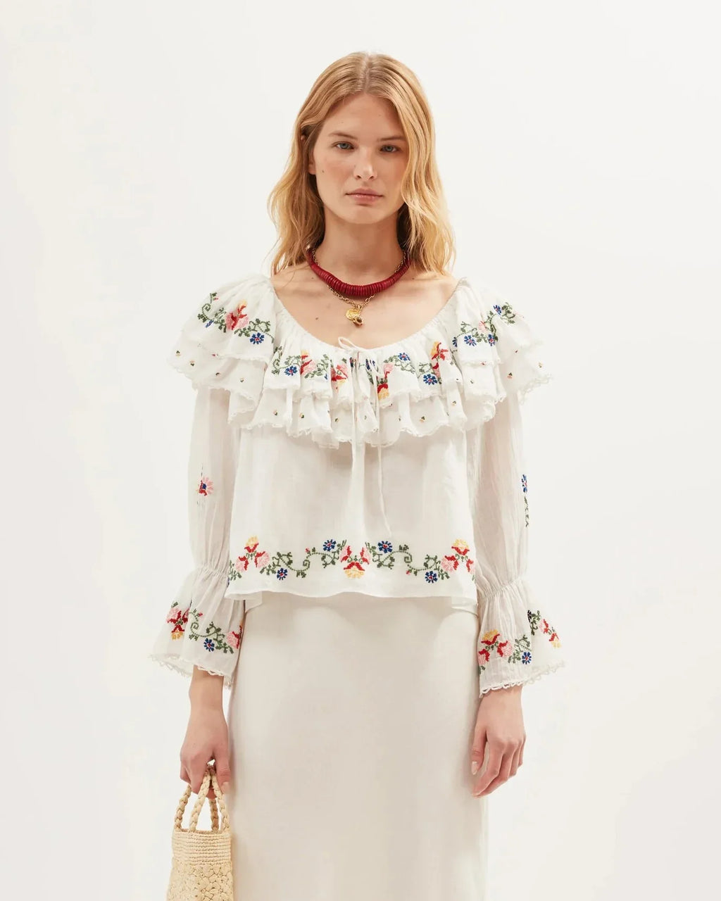 RIXO Maurine Top in Lilia Embroidery Ivory