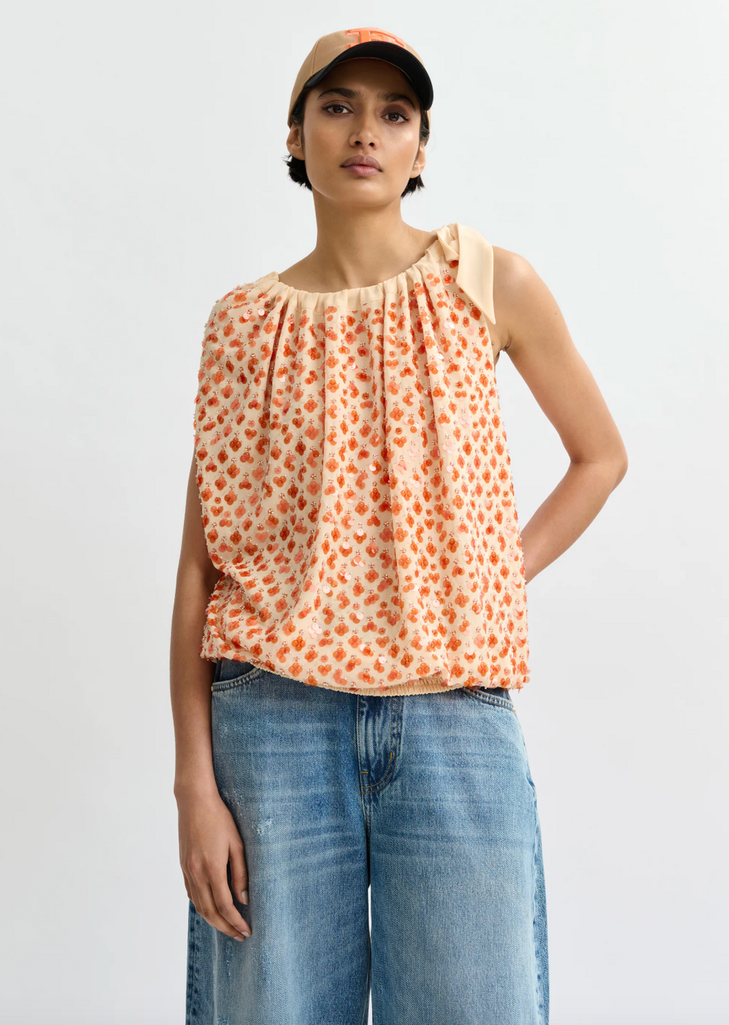 Essentiel Antwerp Jocelyn Sequin Smock Top in Off White