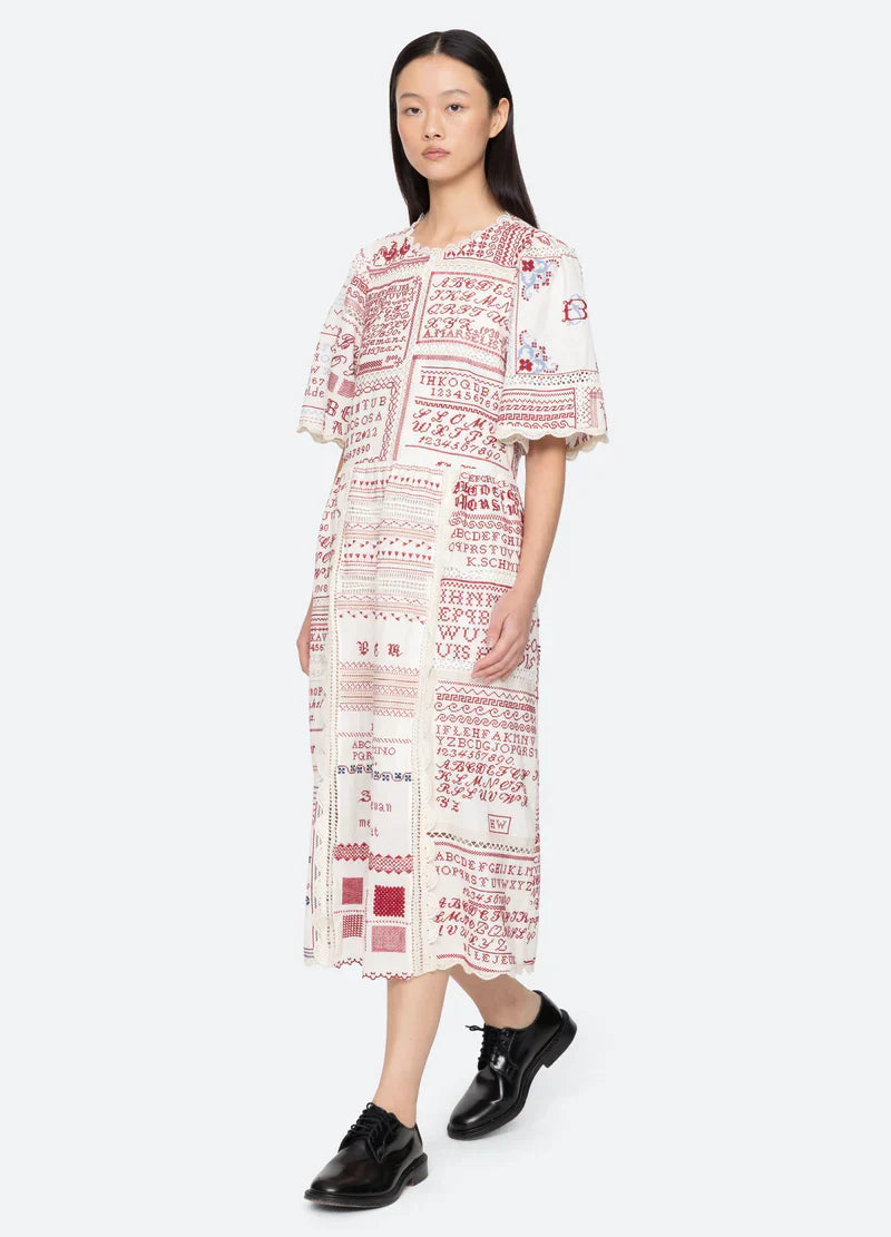 Sea New York Kit Embroidery SS Midi Dress in Cream