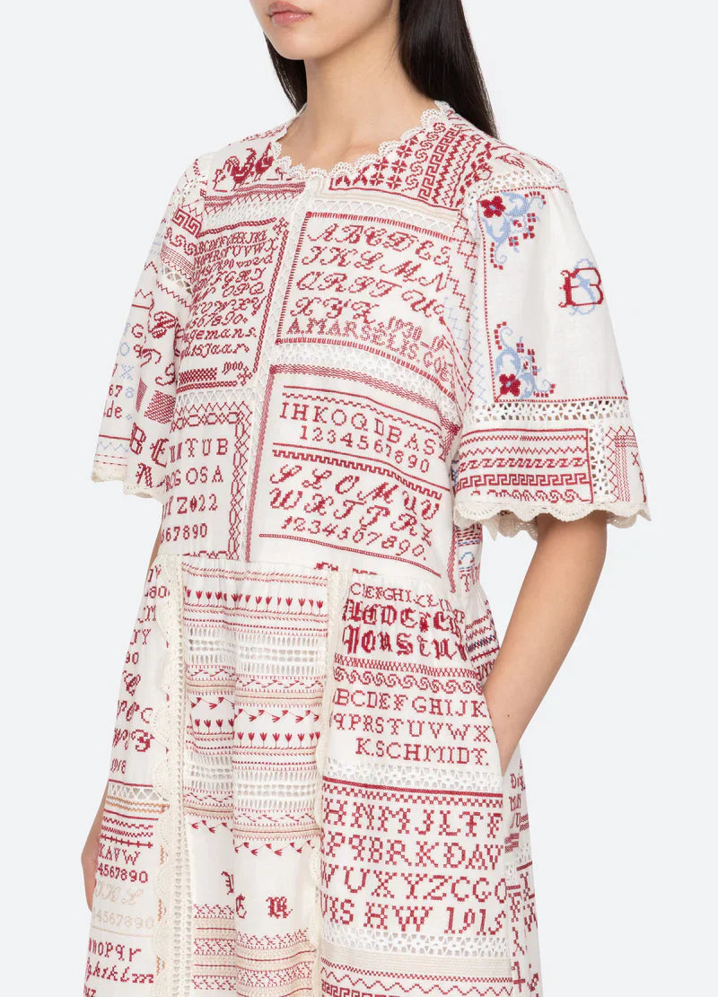 Sea New York Kit Embroidery SS Midi Dress in Cream