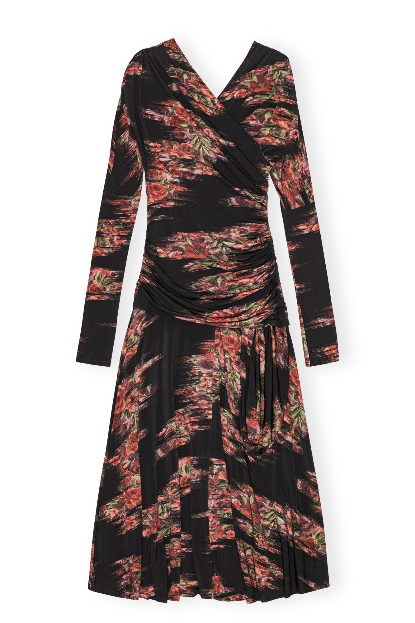 Ganni Printed Shiny Jersey Ruched Long Dress