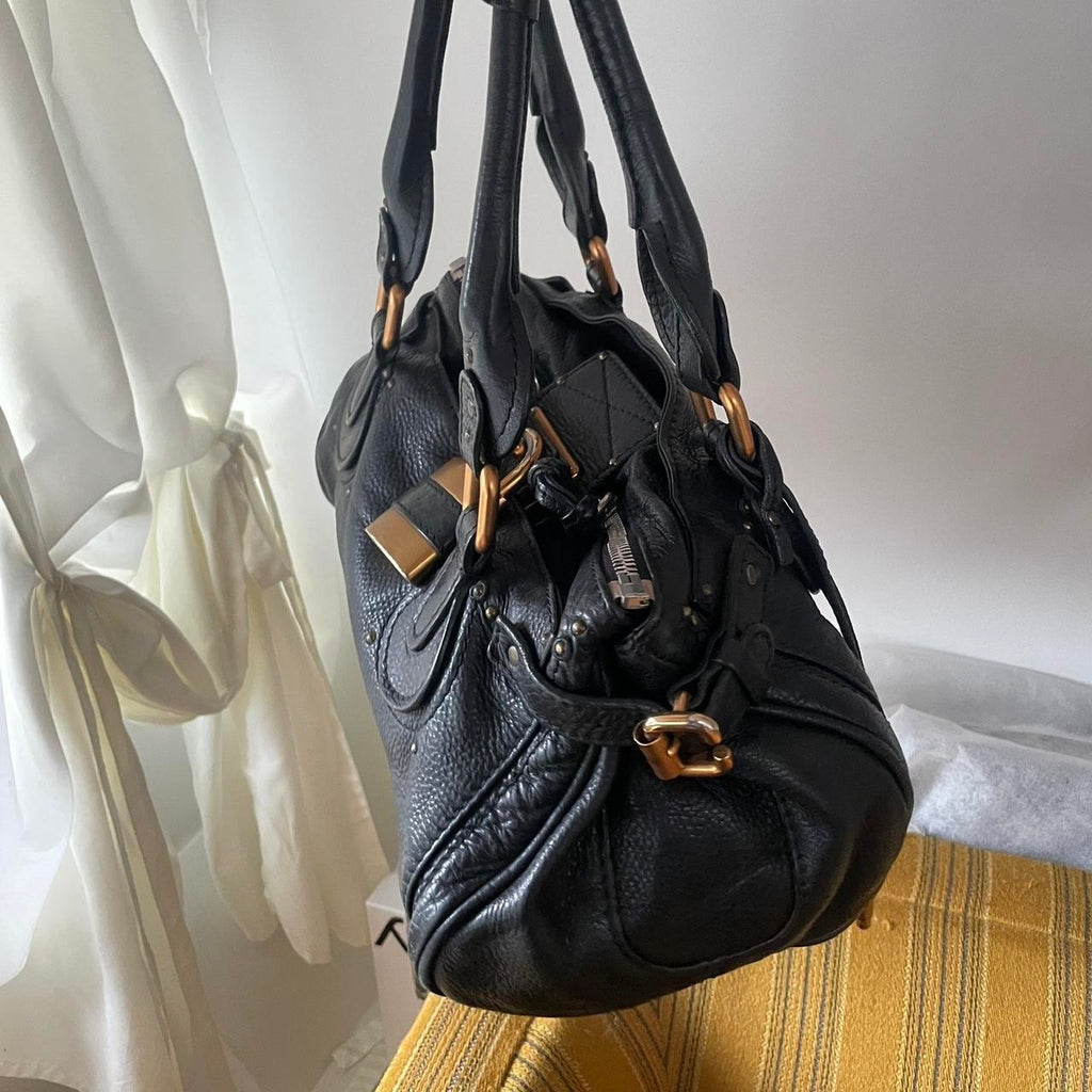 Vintage Classic Regular Size Black Leather Chloé Paddington Bag with Brass-toned Hardware