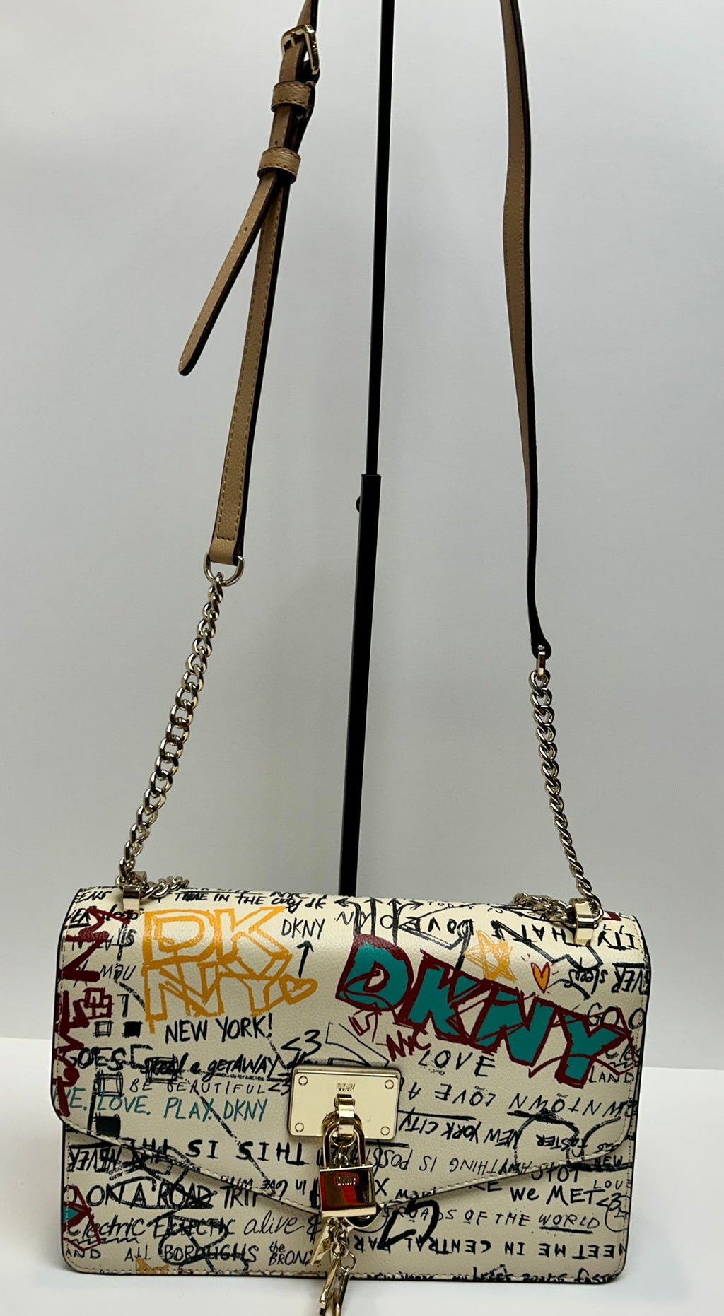 DKNY Elissa Leather Graffiti Logo Chain Strap Shoulder Bag