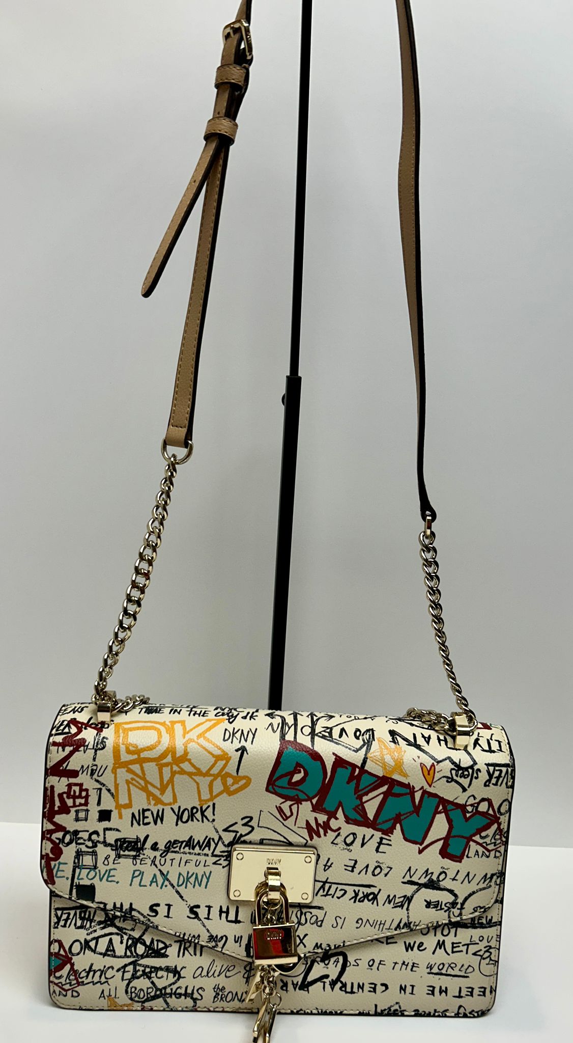 DKNY Elissa Leather Graffiti Logo Chain Strap Shoulder Bag