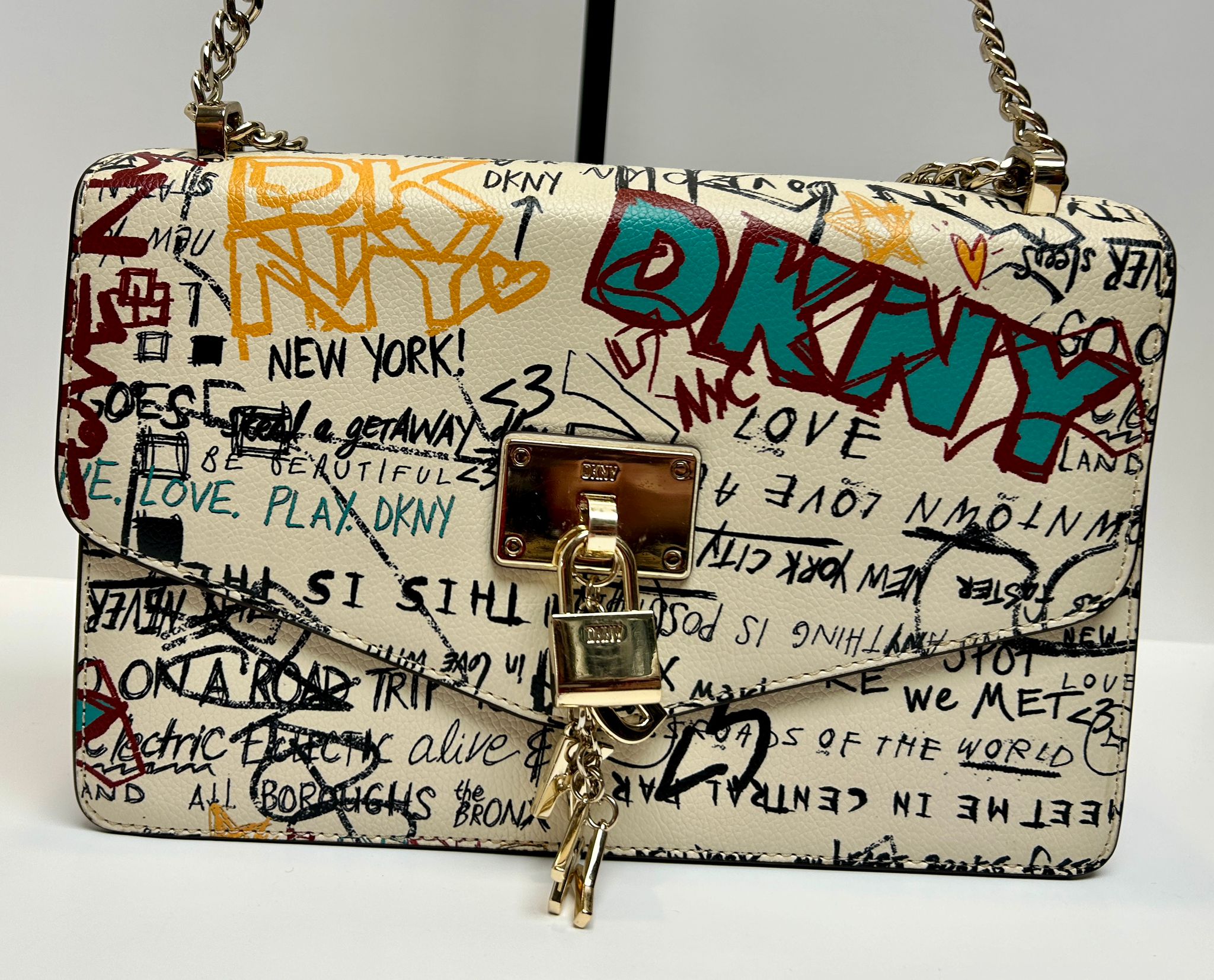 DKNY Elissa Leather Graffiti Logo Chain Strap Shoulder Bag