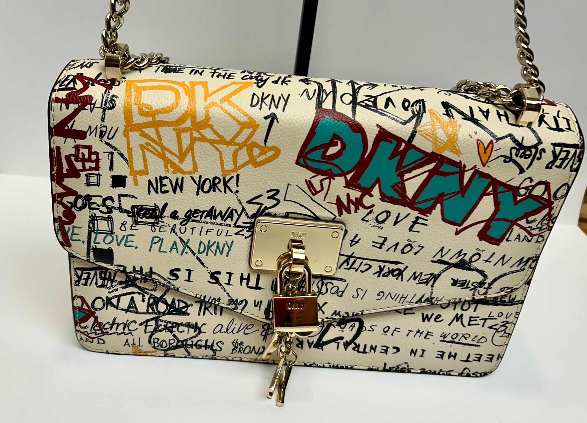DKNY Elissa Leather Graffiti Logo Chain Strap Shoulder Bag