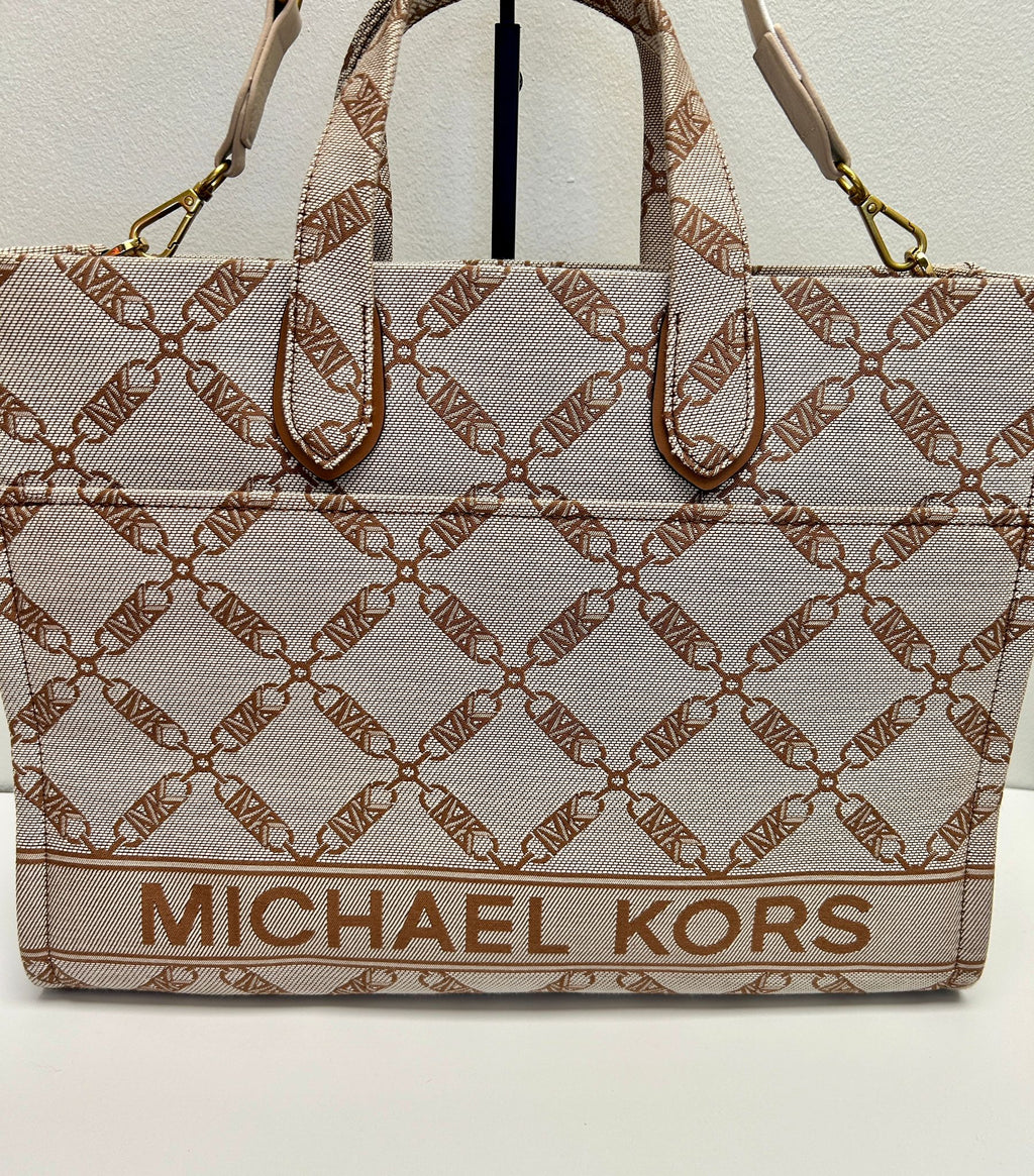 MK Gigi Large Empire Logo Jacquard Straw Messenger Bag