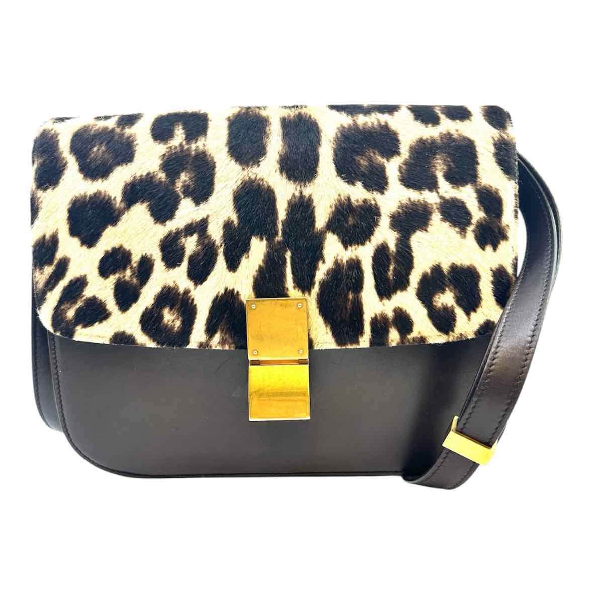 CELINE Brown PONY HAIR Leather Cheetah print Handbag