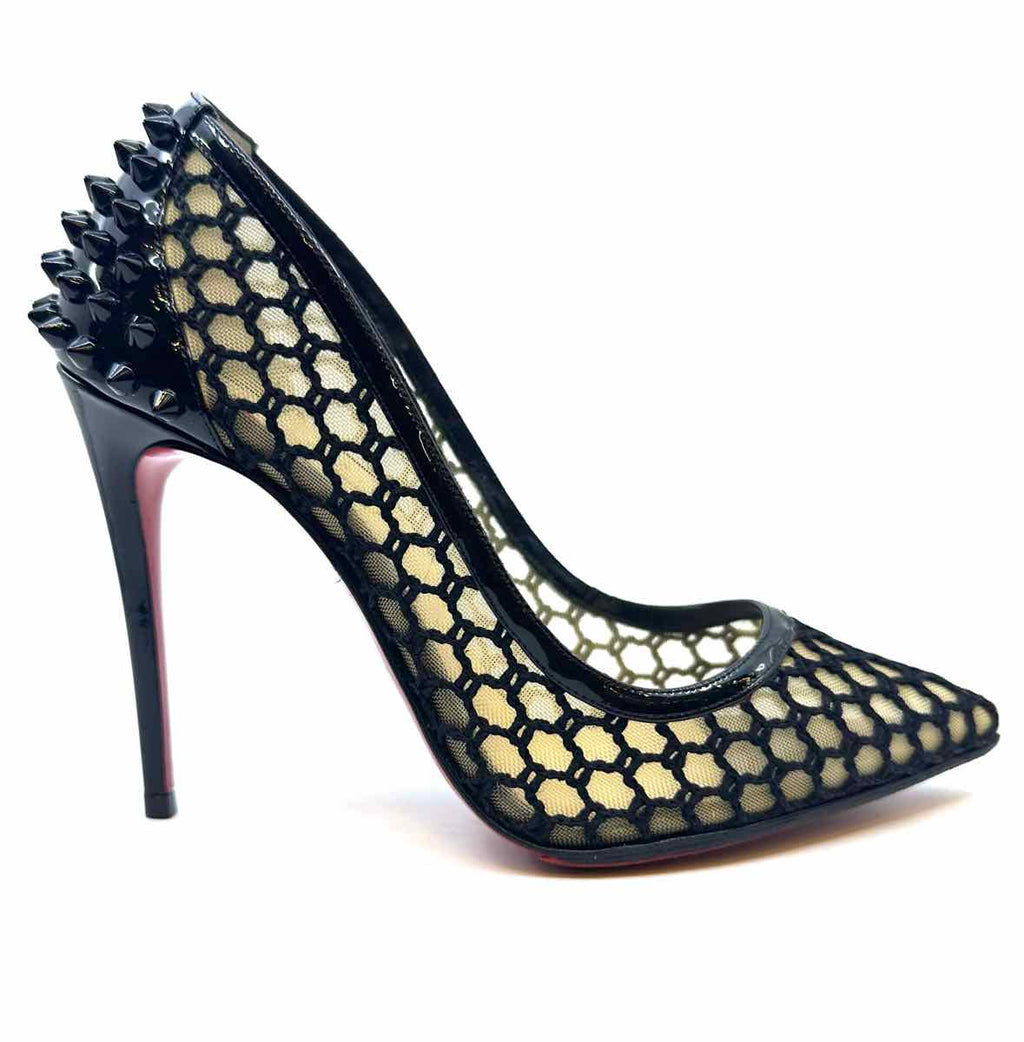CHRISTIAN LOUBOUTIN Size 5.5 Black Mesh Studs Checkered Pumps