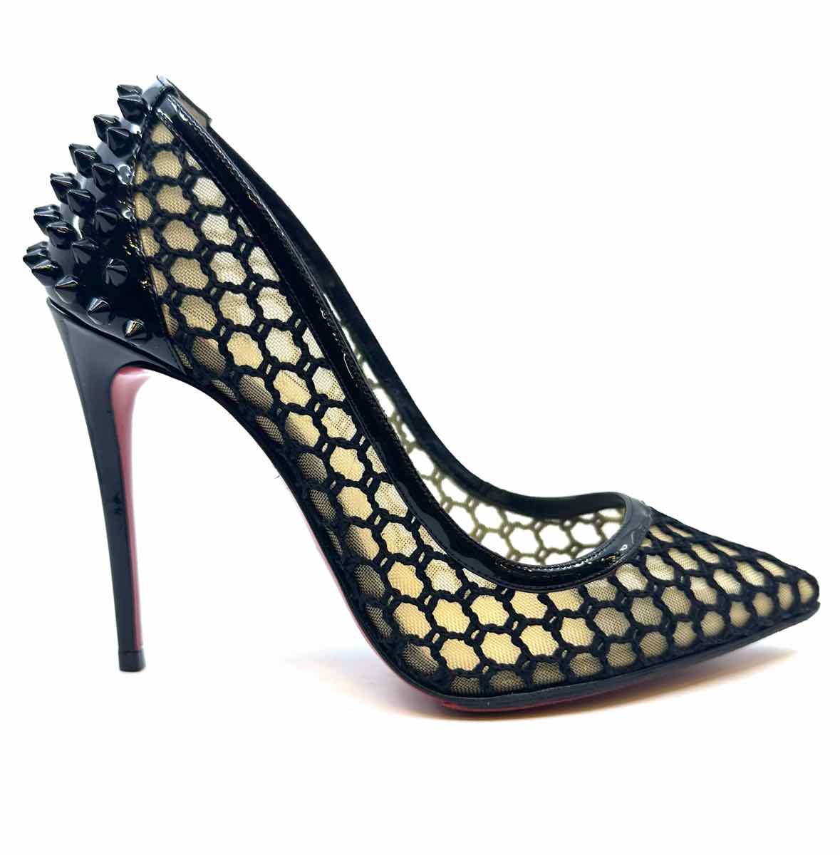 CHRISTIAN LOUBOUTIN Size 5.5 Black Mesh Studs Checkered Pumps
