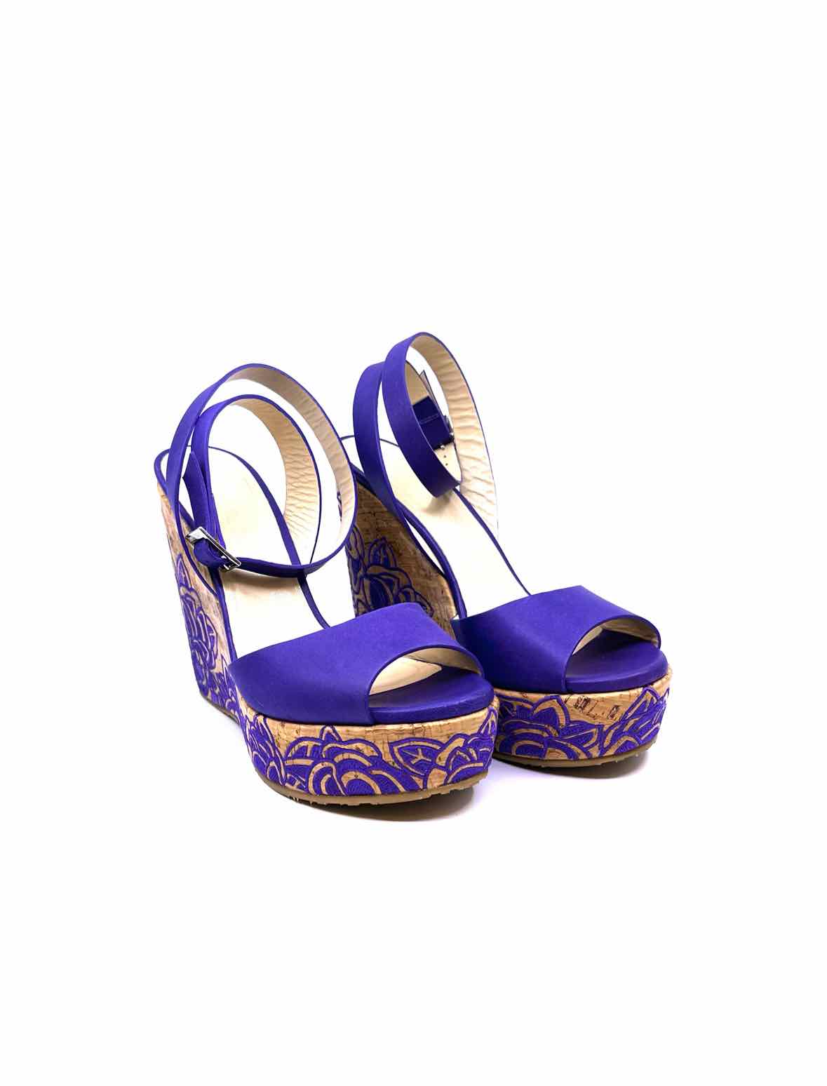 JIMMY CHOO Purple Leather Floral Wedge, Size 10.5