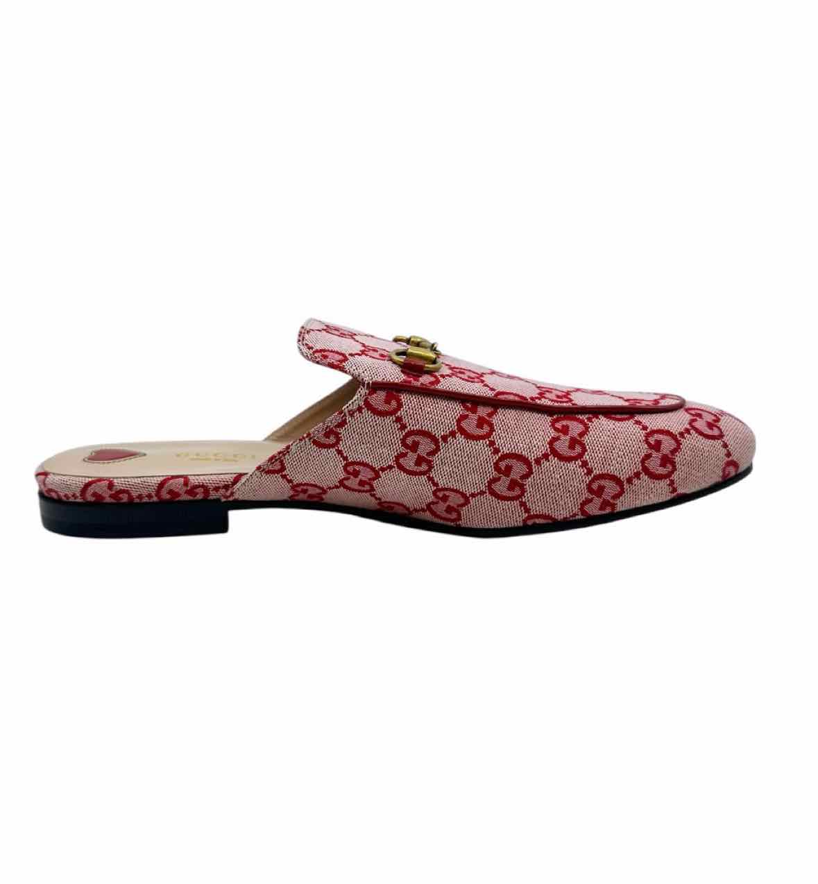 GUCCI Size 10 Red Canvas Monogram Mules