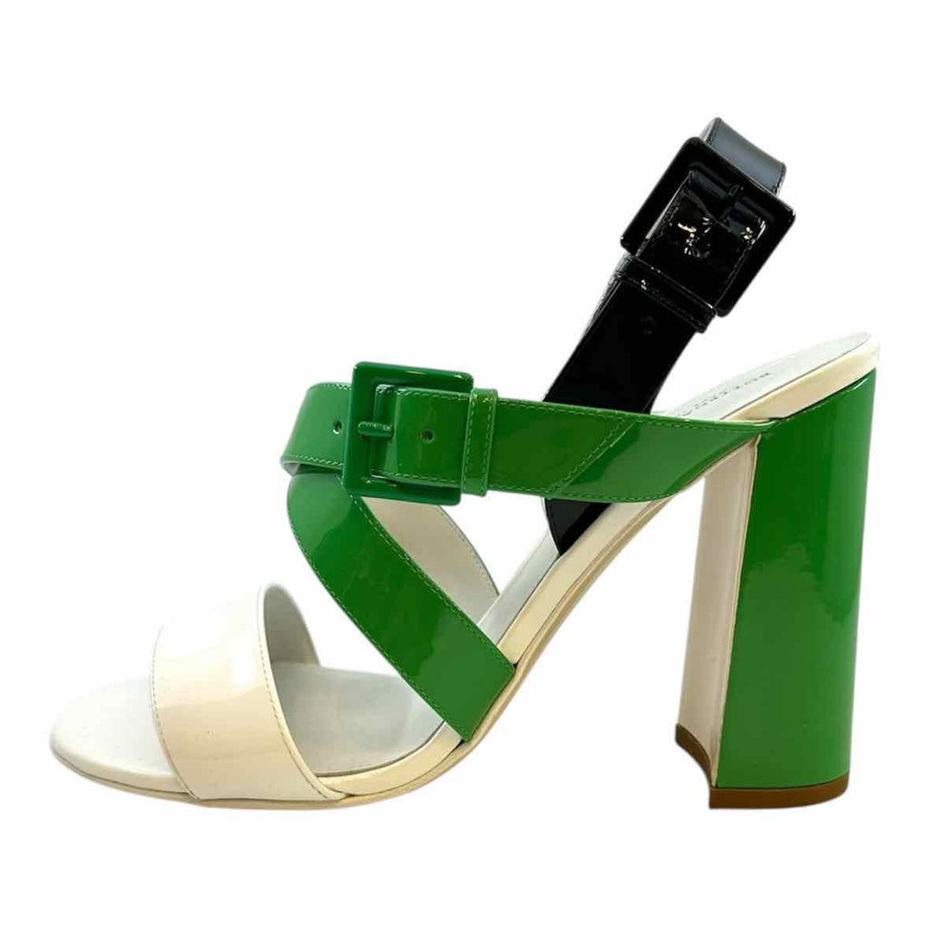 BOTTEGA VENETA Size 8.5 Green, White Patent Leather Color Block Sandals