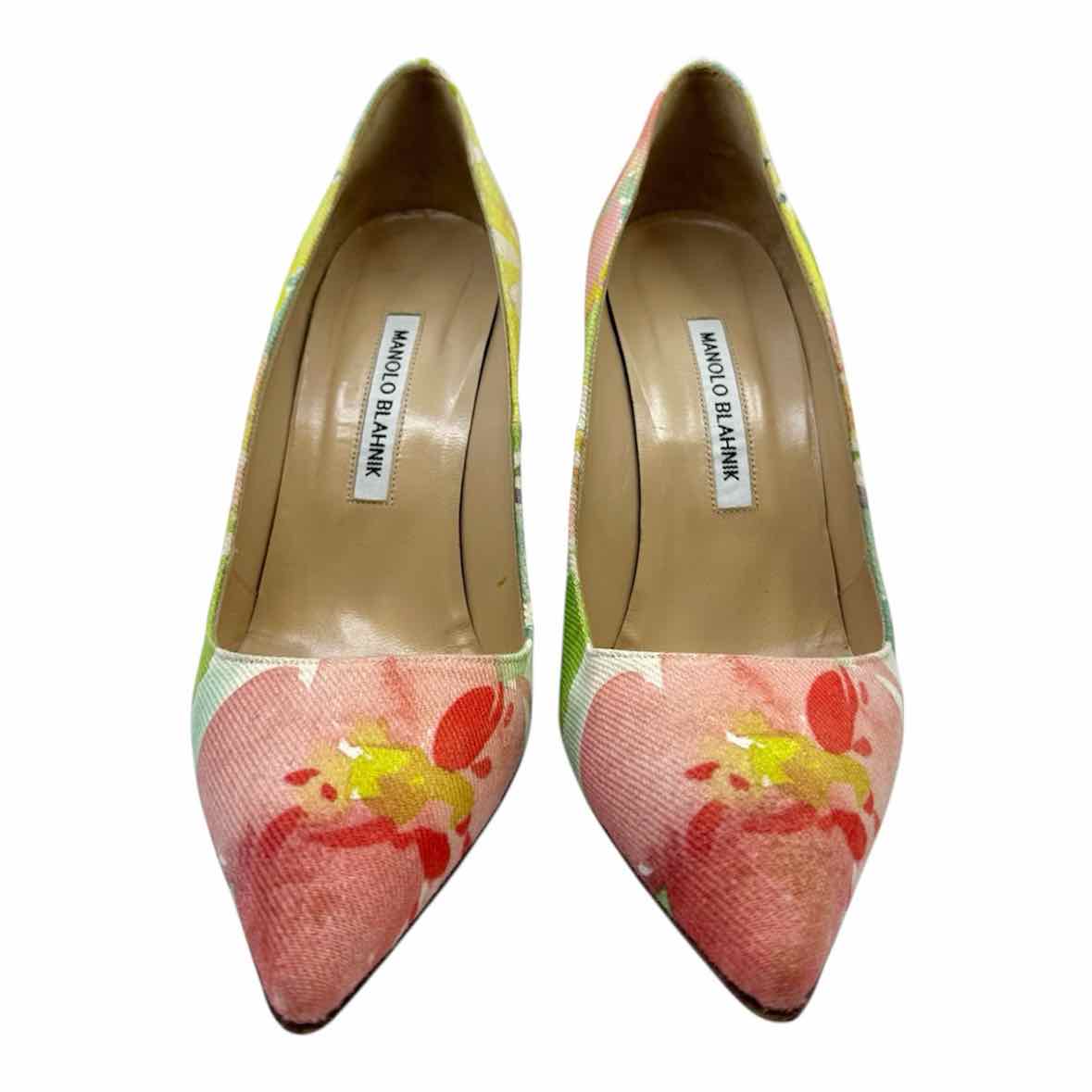 MANOLO BLAHNIK Size 10.5 Green, Pink Canvas Floral Pumps