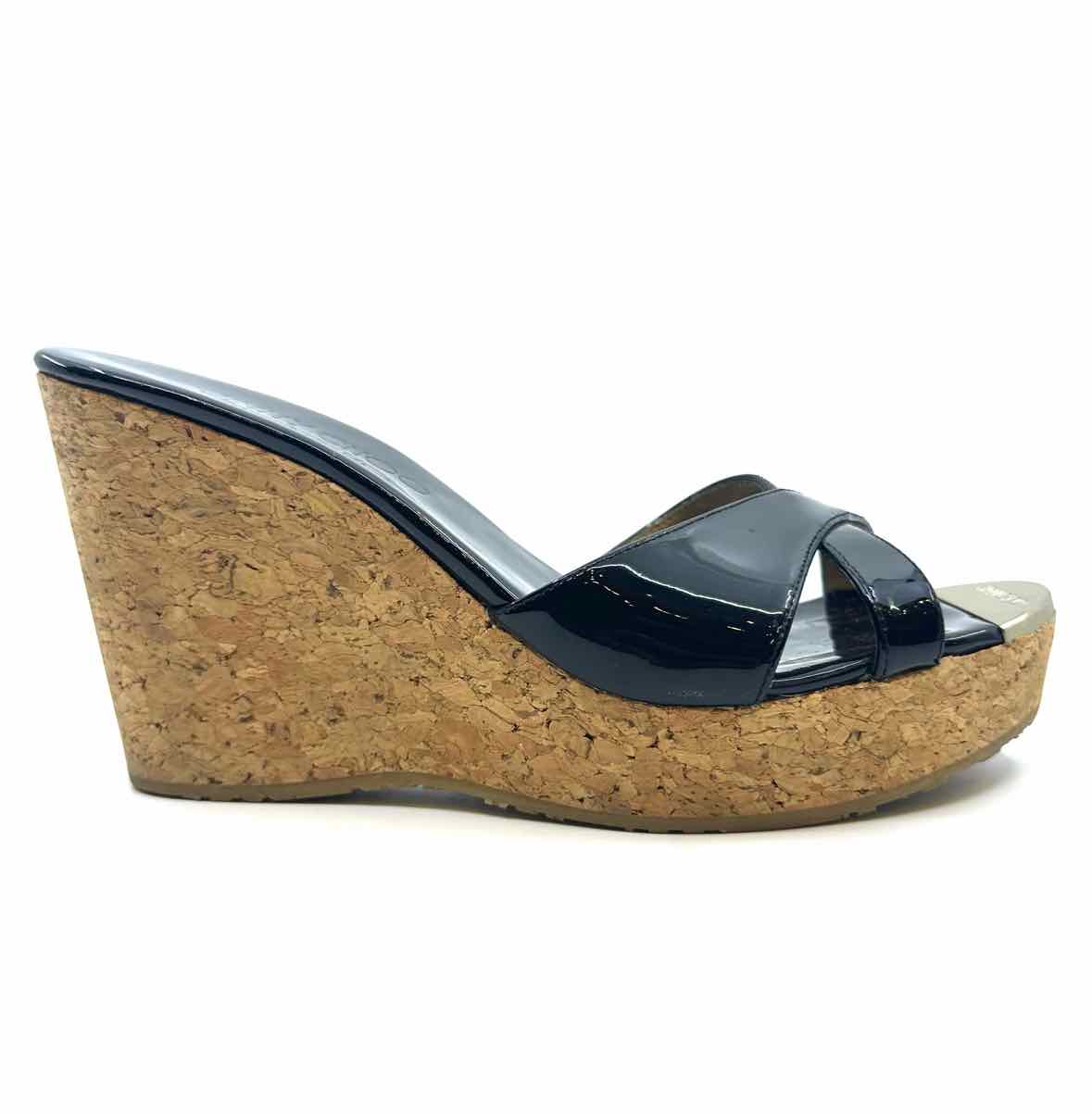 JIMMY CHOO Size 7.5 Black Patent Leather Solid Wedge