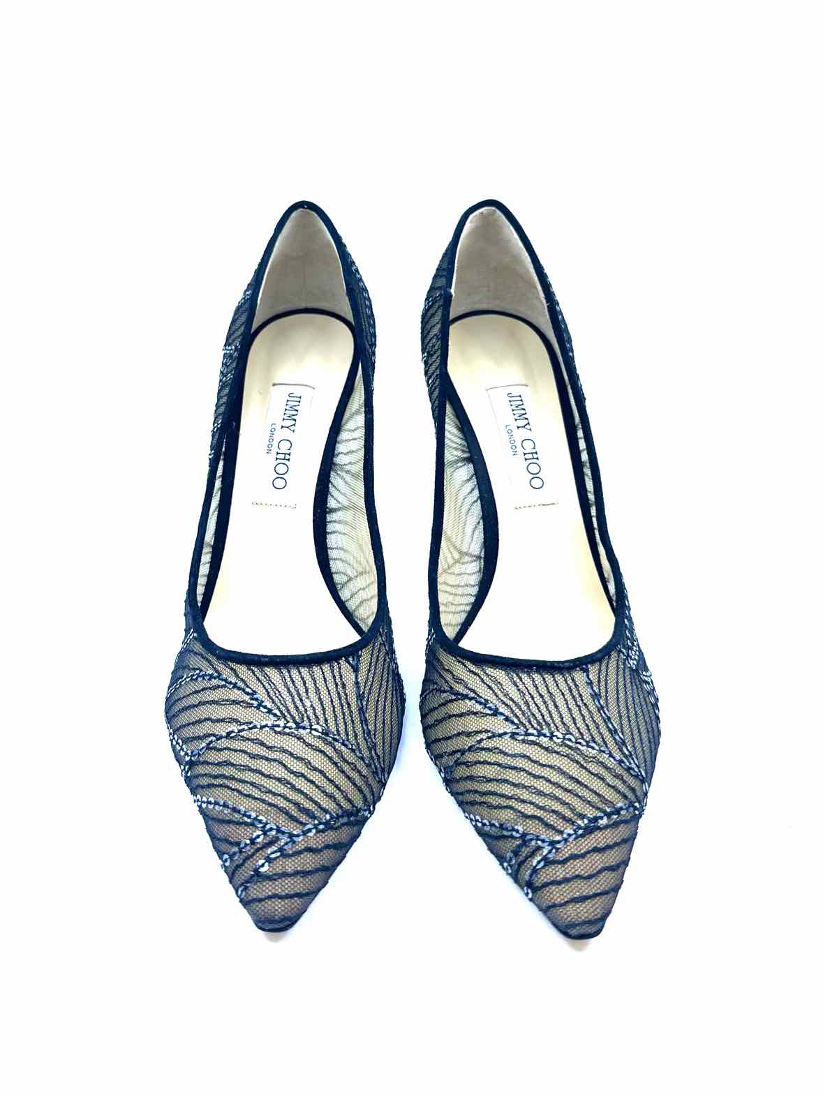 JIMMY CHOO Romy Size 11.5 Black Mesh Sequined Abstract Pumps
