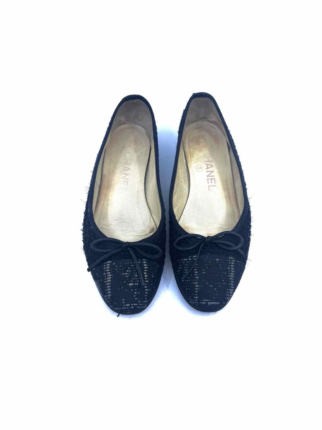 CHANEL Size 5.5 Black & Grey Tweed Flats