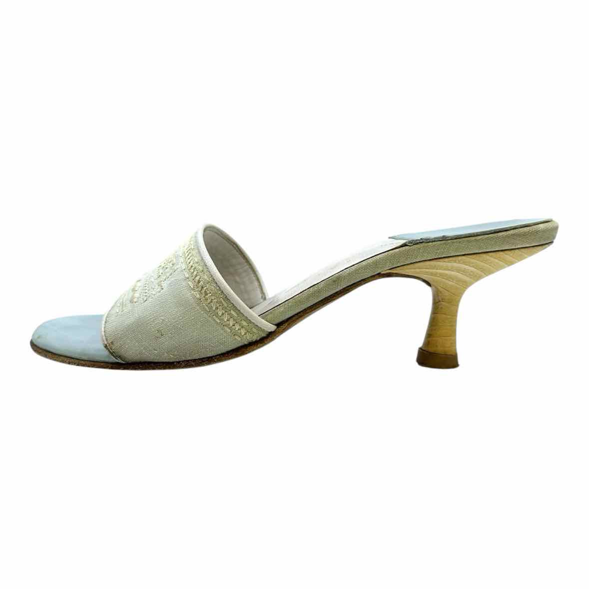 CHANEL Size 6.5 Baby Blue Canvas Monogram Sandals