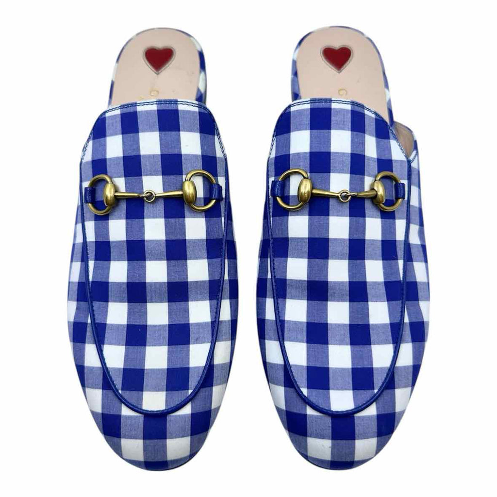 GUCCI Size 9 Blue, white Canvas Checkered Mules