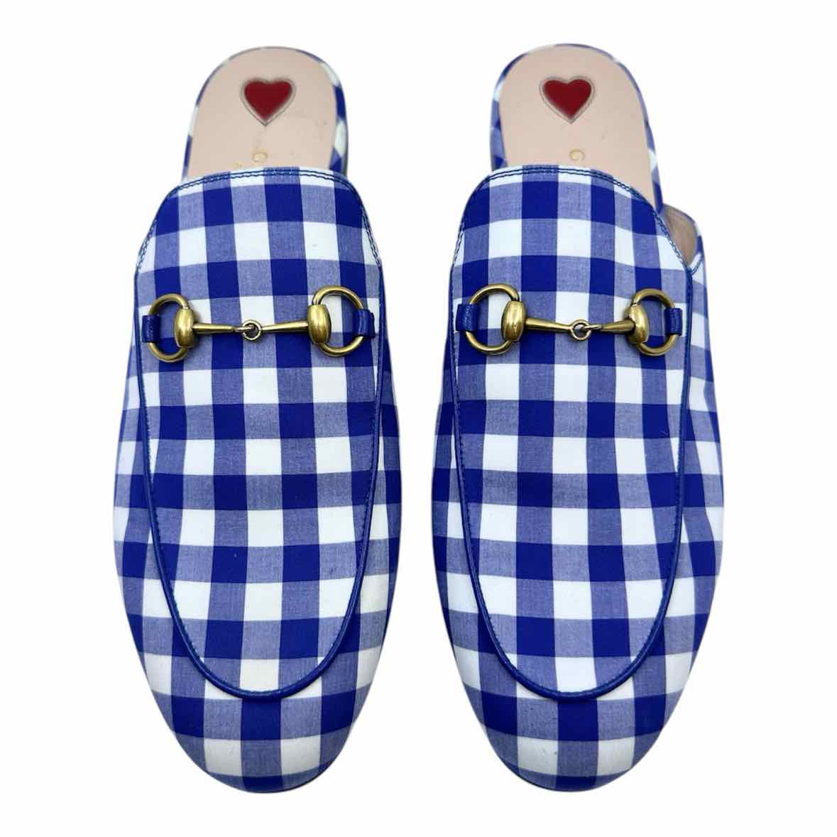 GUCCI Size 9 Blue, white Canvas Checkered Mules