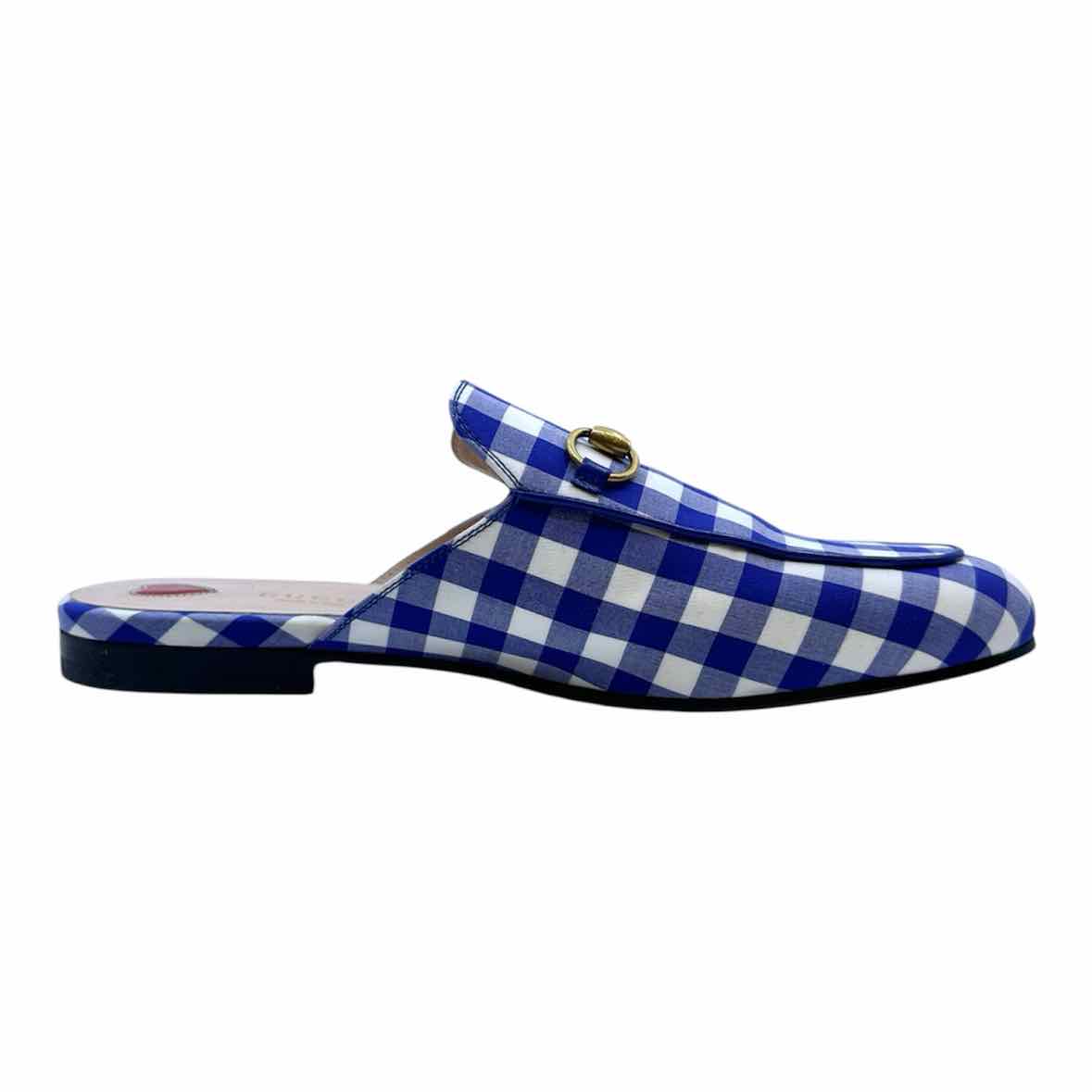 GUCCI Size 9 Blue, white Canvas Checkered Mules