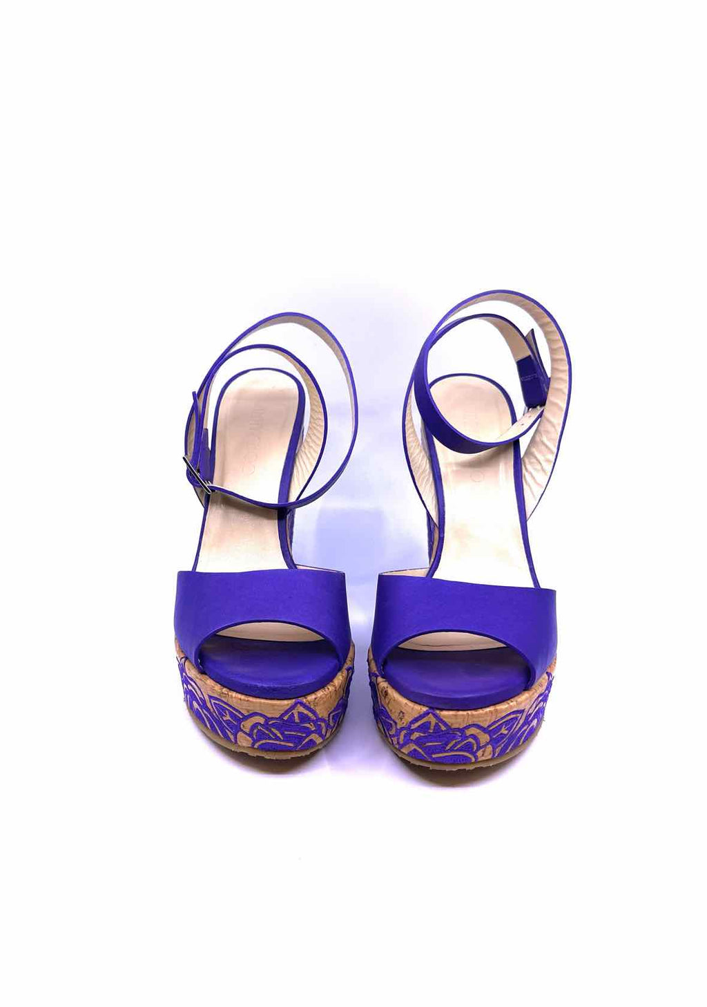 JIMMY CHOO Purple Leather Floral Wedge, Size 10.5