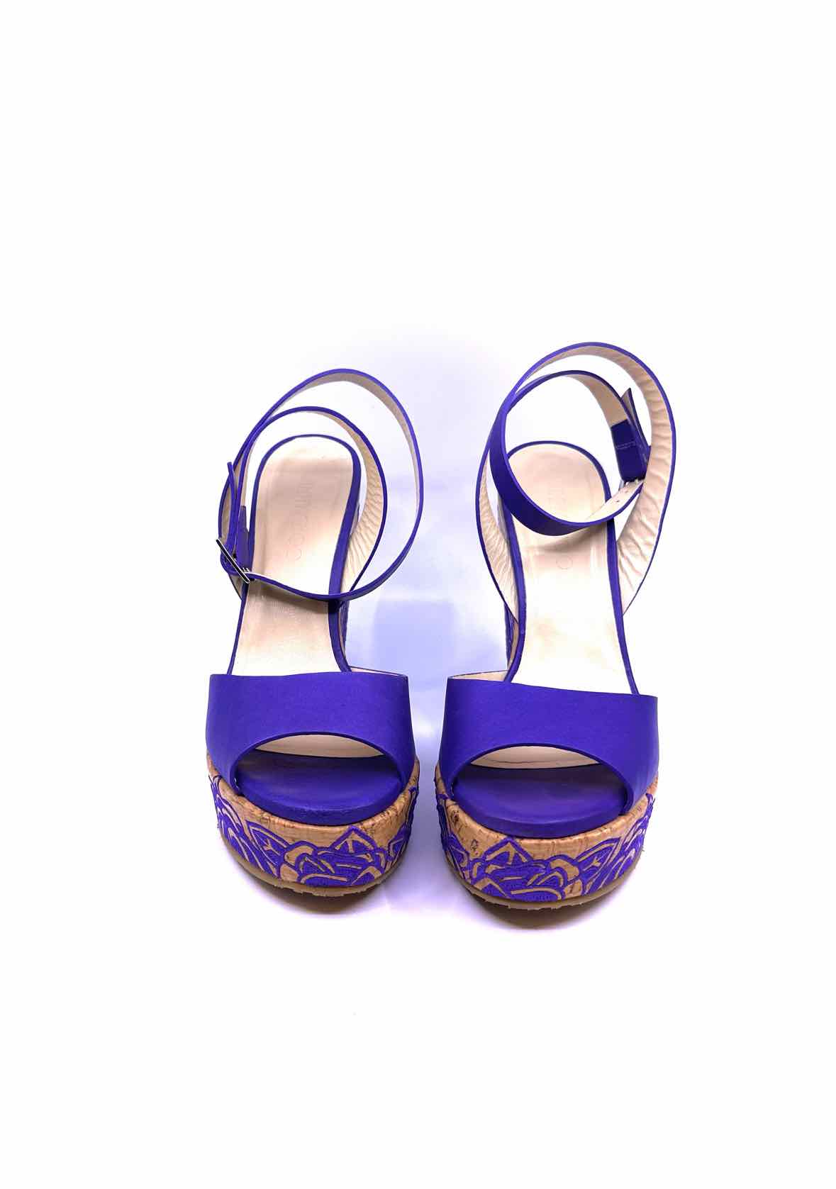 JIMMY CHOO Purple Leather Floral Wedge, Size 10.5