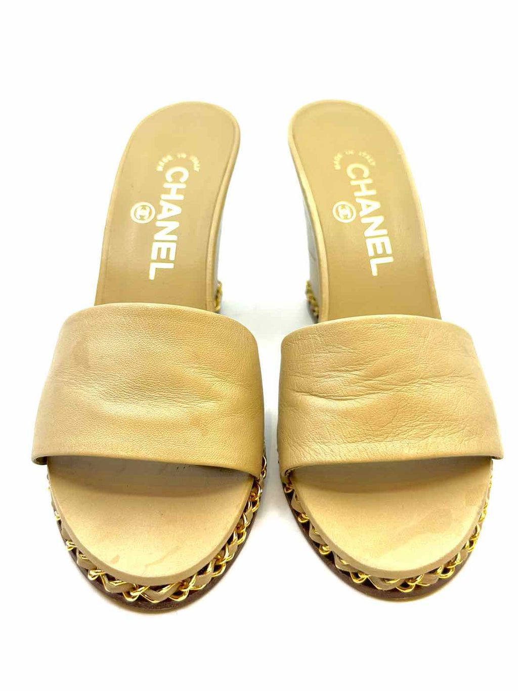 CHANEL Size 7.5 Nude Leather Solid Wedge