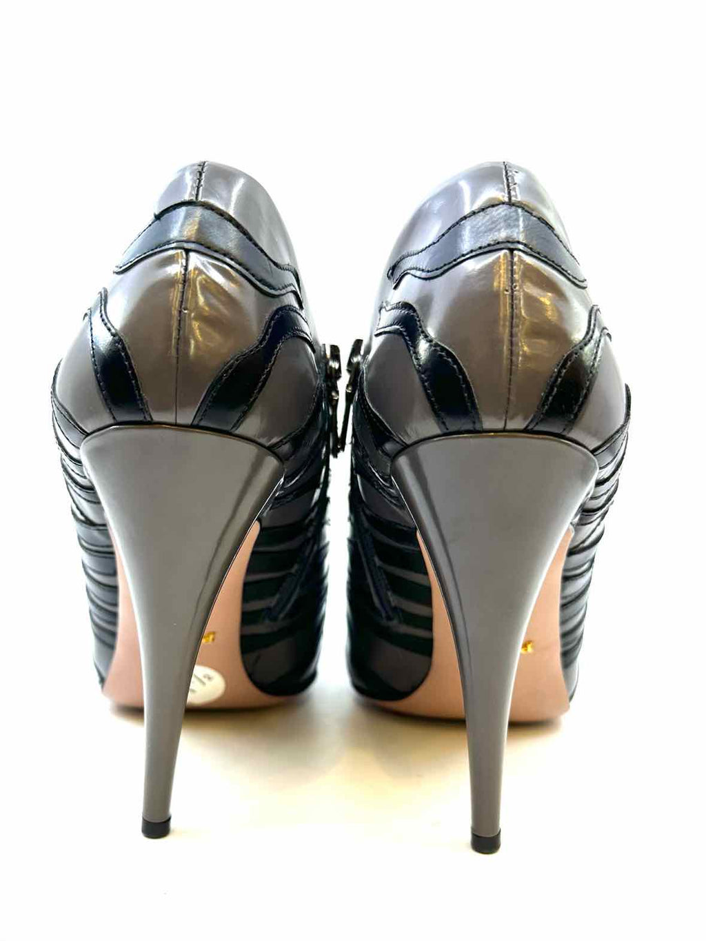 PRADA Size 10.5 Grey Leather Zebra Ankle Boot
