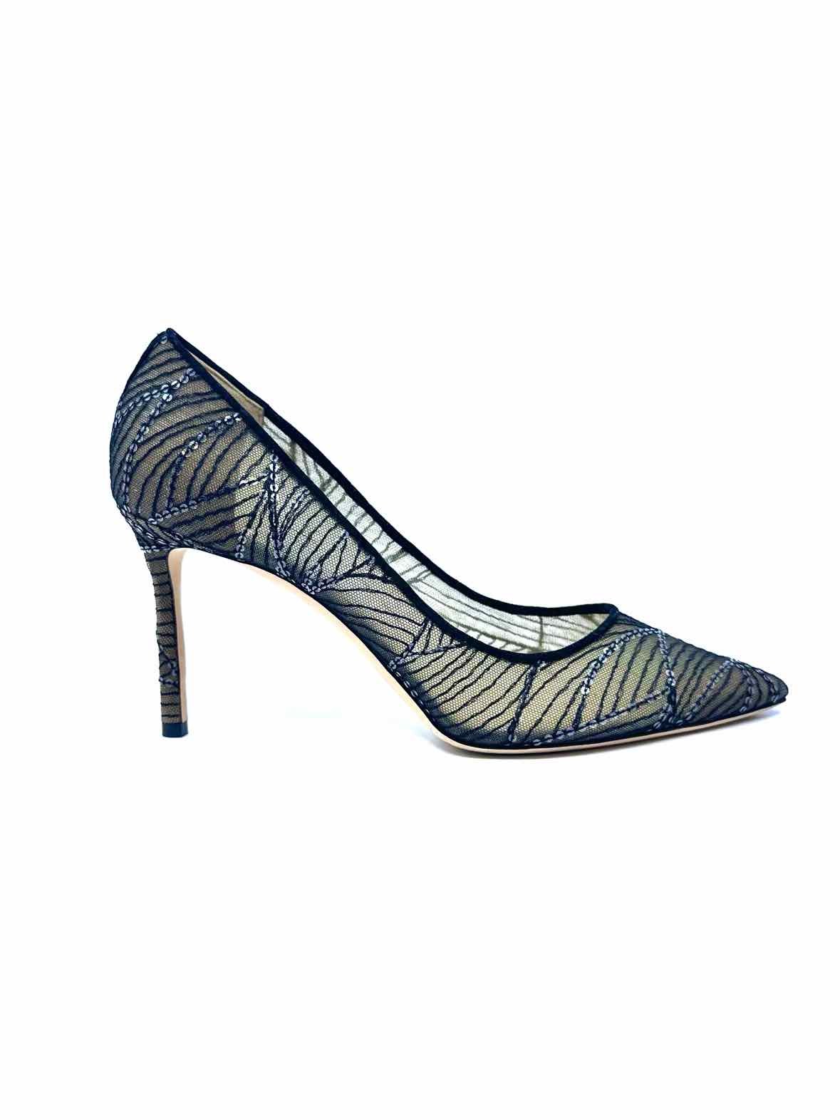 JIMMY CHOO Romy Size 11.5 Black Mesh Sequined Abstract Pumps