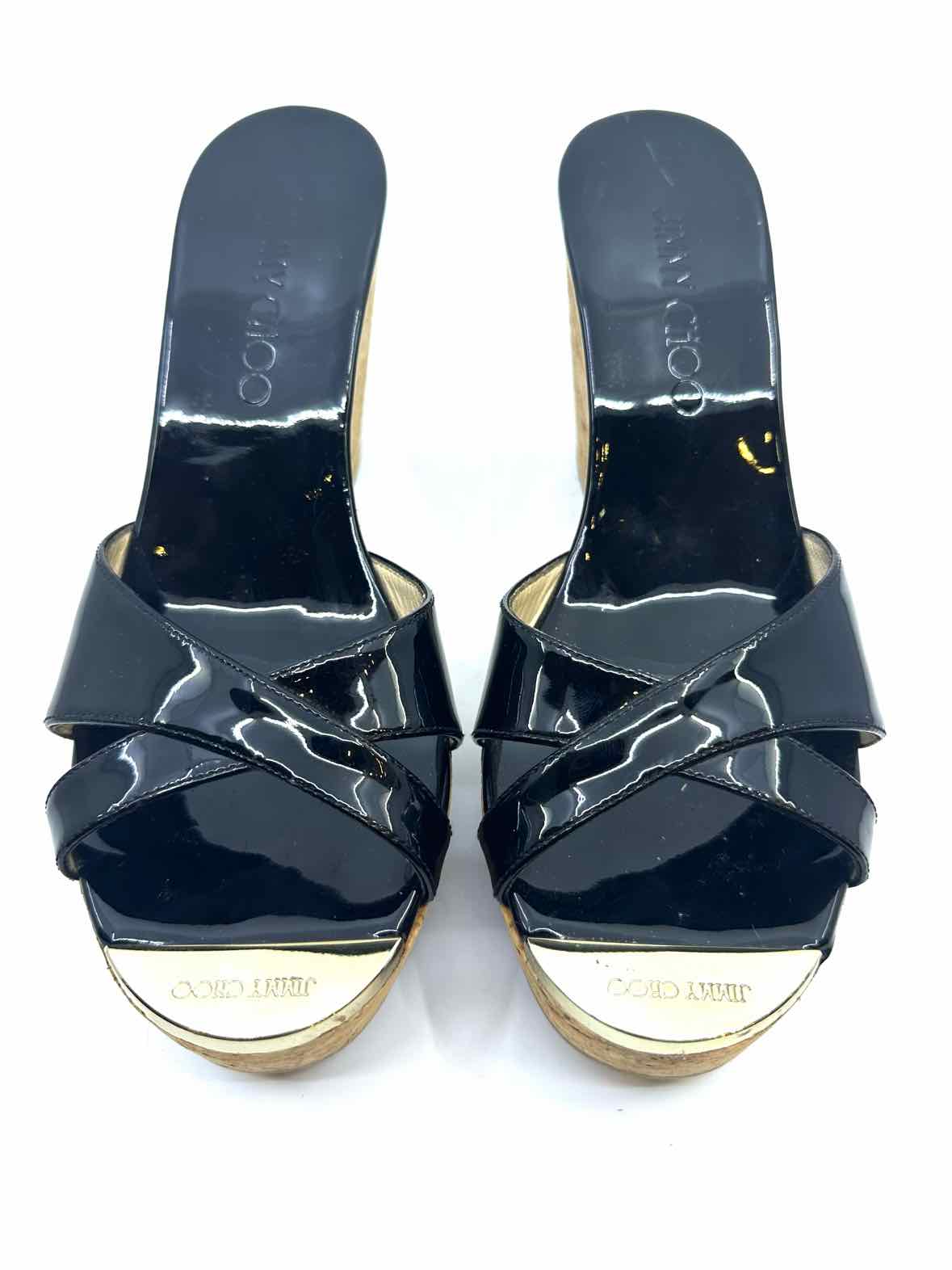 JIMMY CHOO Size 7.5 Black Patent Leather Solid Wedge