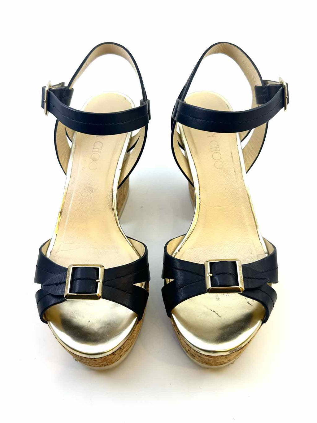 JIMMY CHOO Size 8.5 Black, gold Leather Color Block Sandals