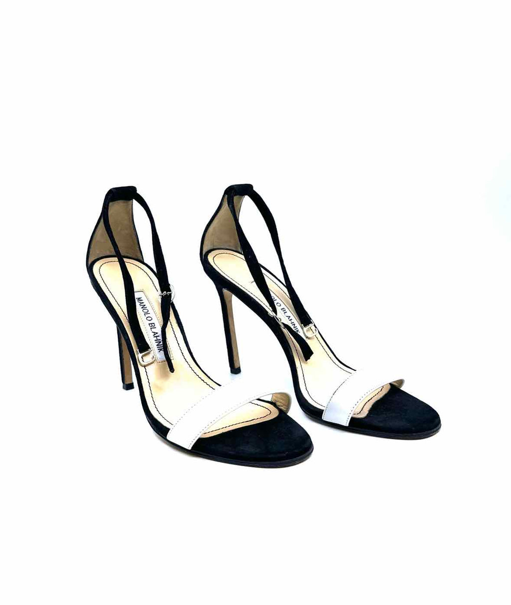 MANOLO BLAHNIK Size 6.5 black, white Suede, Leather Sandals