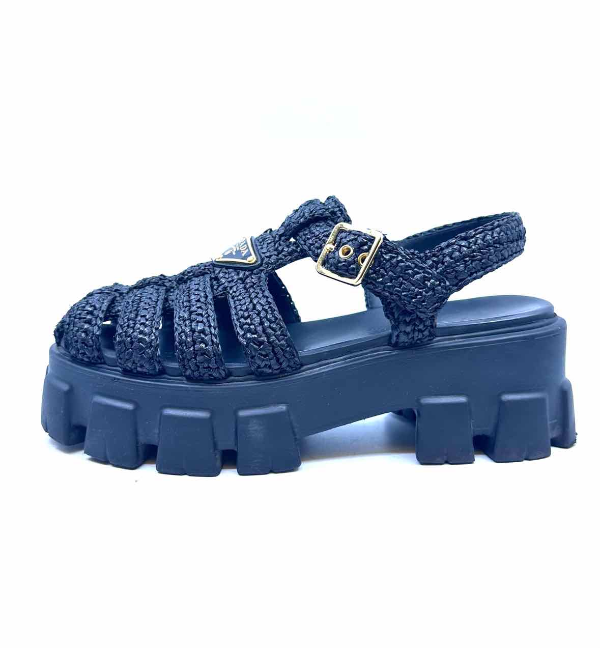 PRADA Monolith Size 8 Black Straw Woven Sandals