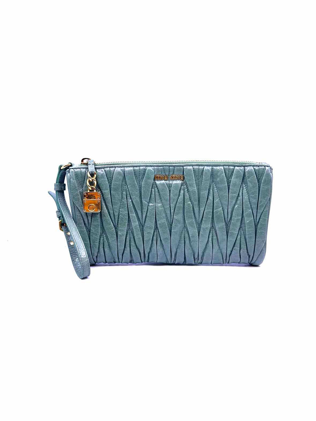 MIU MIU Green Leather Metal Ruched Wristlet