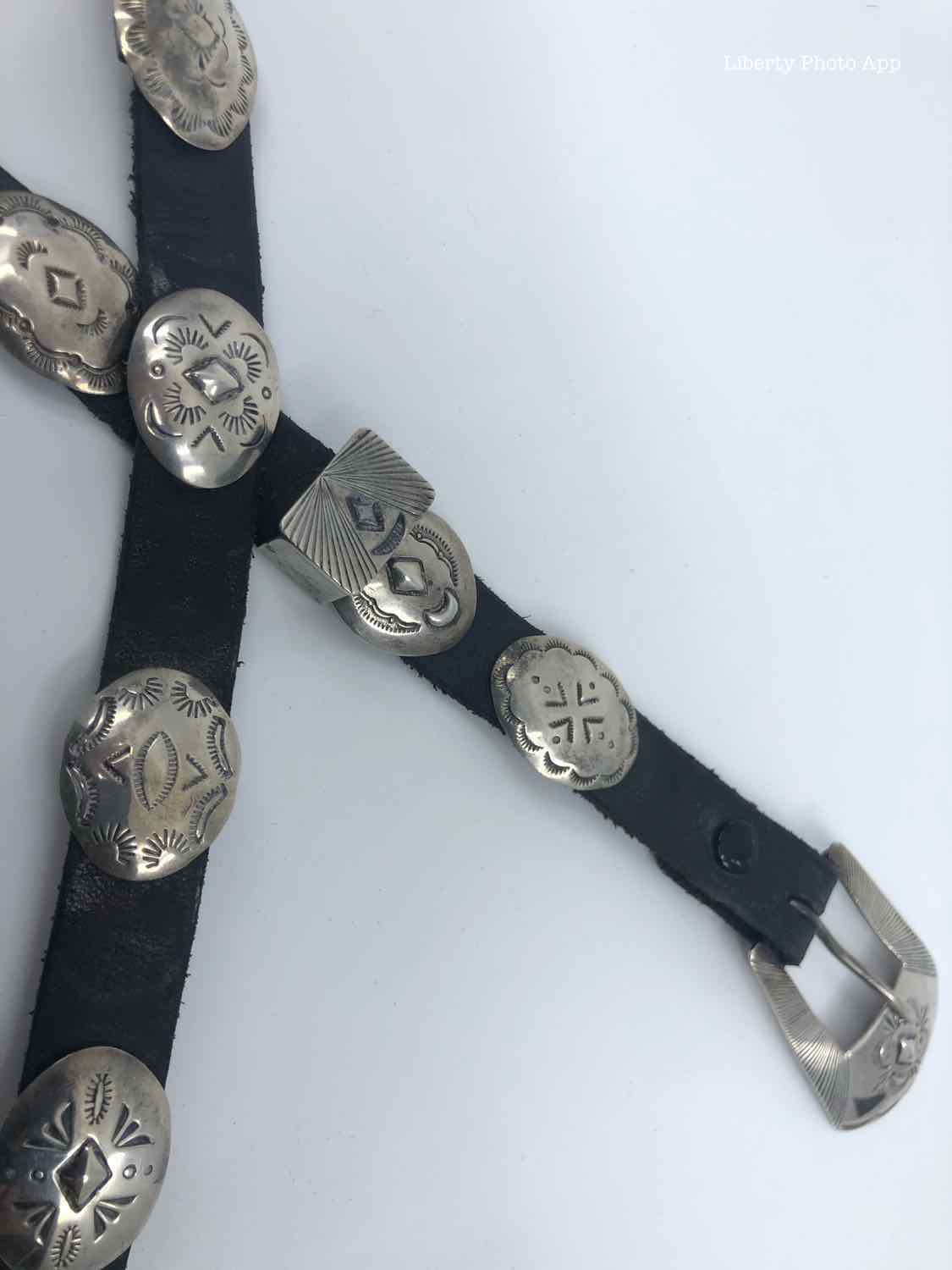 YELLOWHORSE Black Leather and Sterling Concho Belt