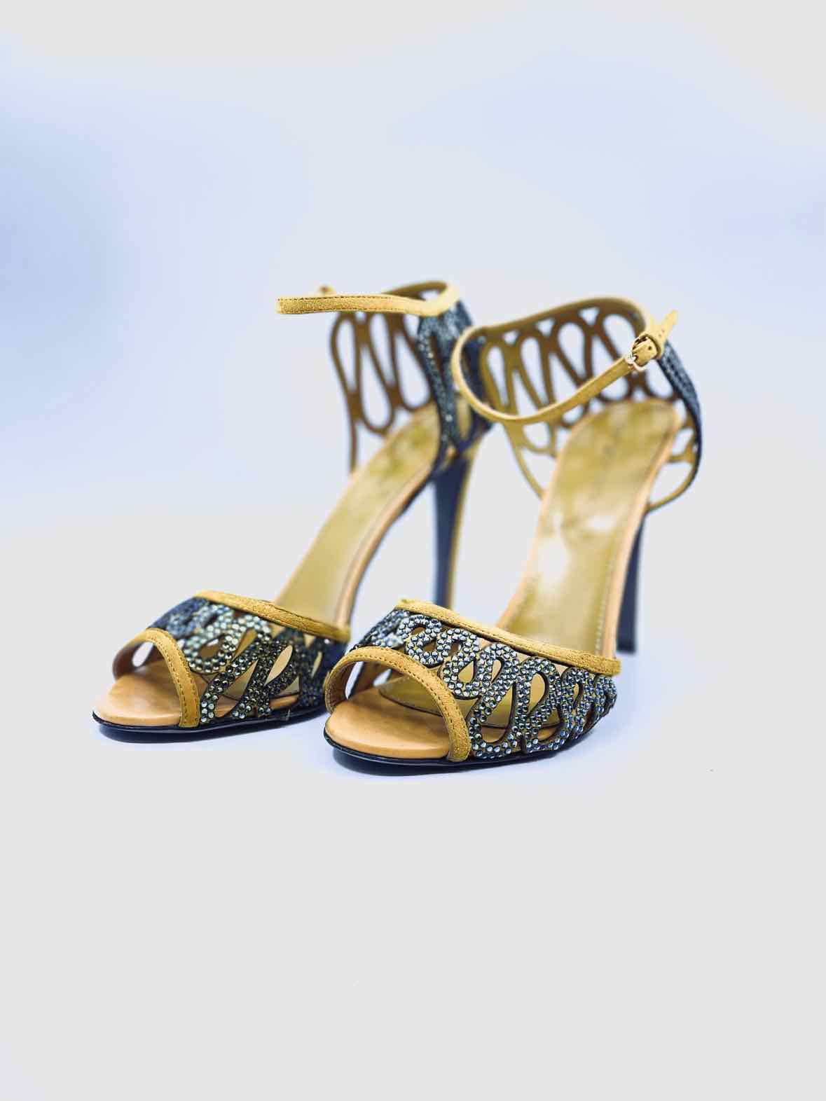 SERGIO ROSSI Size 10 Mustard Suede Crystal Zig Zag Sandals