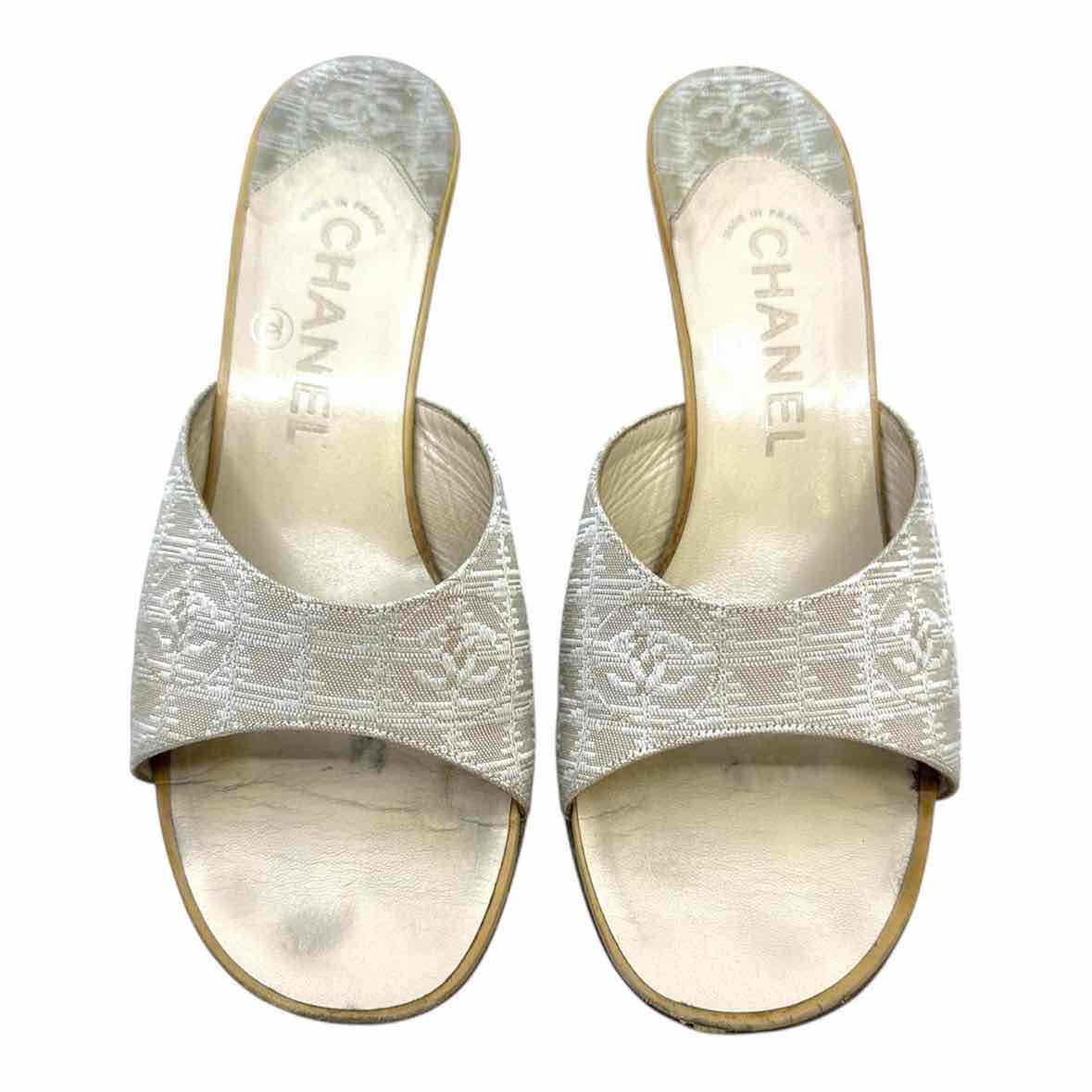 CHANEL Size 6.5 Beige, White Canvas Monogram Sandals